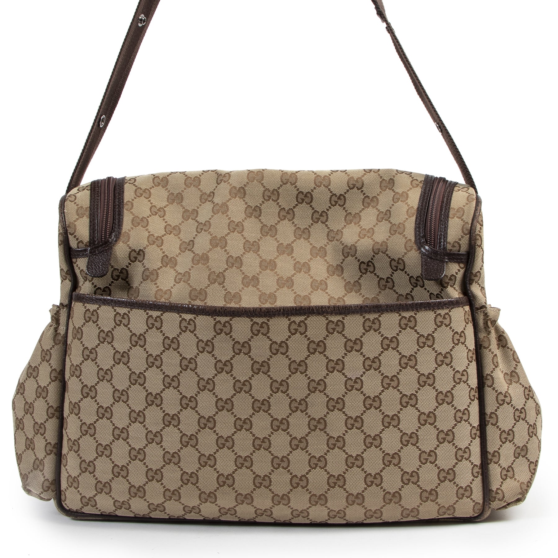 Authentieke Tweedehands Gucci Monogram Canvas Diaper Bag juiste prijs veilig online shoppen luxe merken webshop winkelen Antwerpen België mode fashion