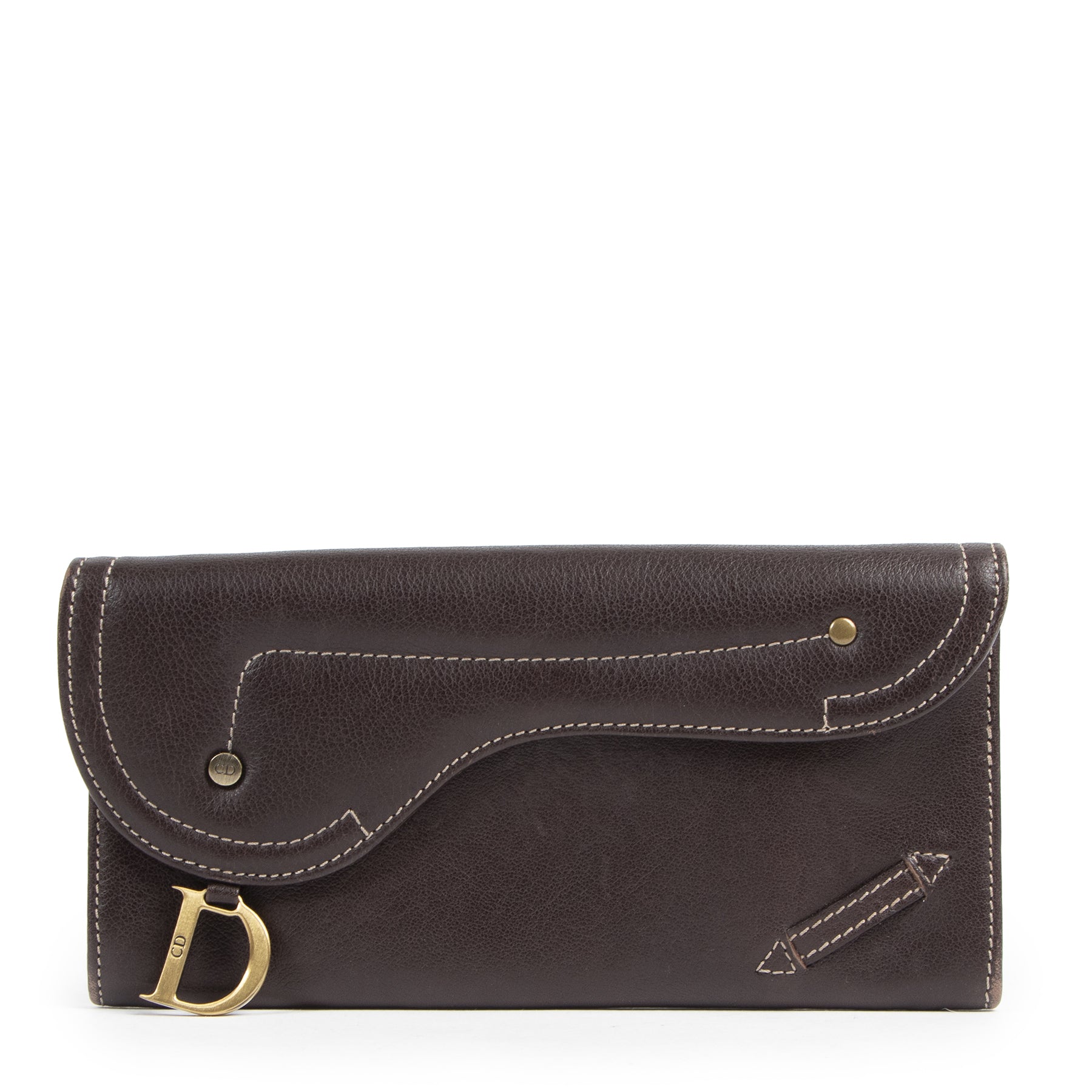Authentieke Tweedehands Christian Dior Brown Leather Saddle Wallet juiste prijs veilig online shoppen luxe merken webshop winkelen Antwerpen België mode fashion
