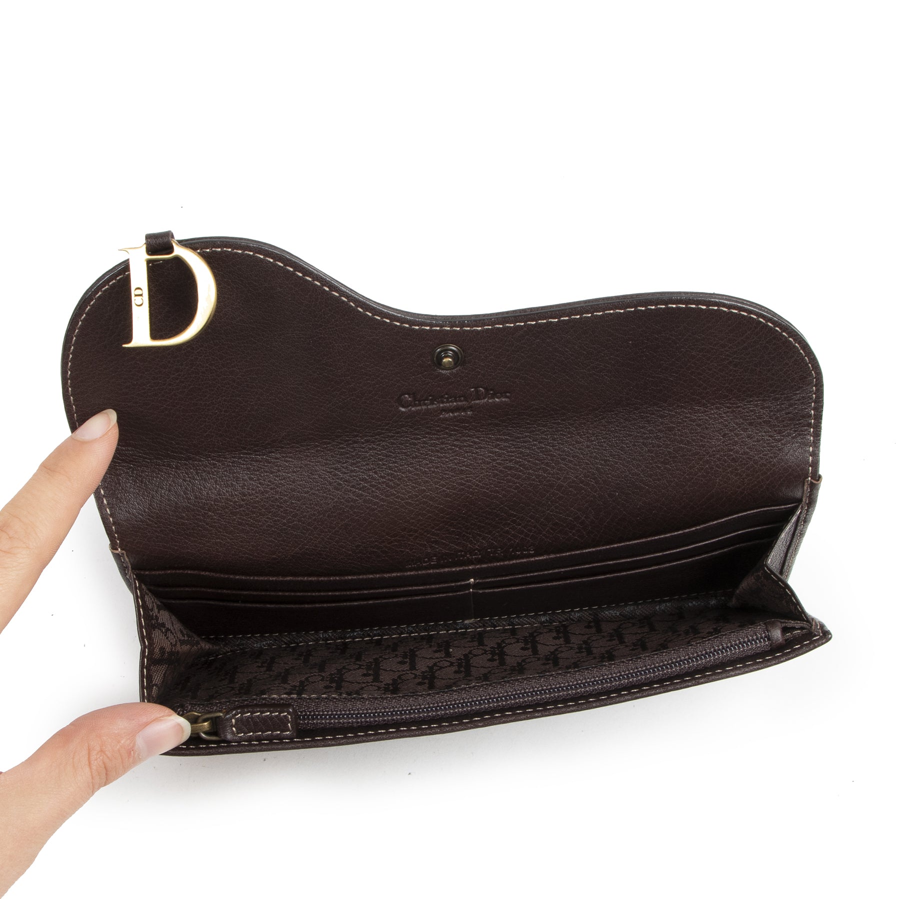 Authentic secondhand Christian Dior Brown Leather Saddle Wallet designer accessories fashion luxury vintage webshop safe secure online shopping