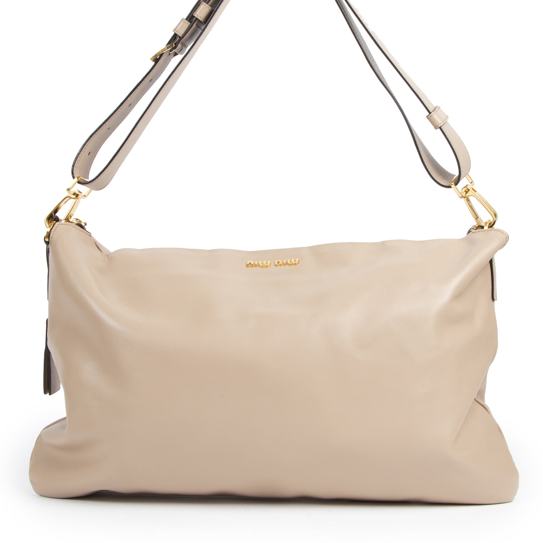 Authentieke Tweedehands Miu Miu Beige Leather Shoulder Bag juiste prijs veilig online shoppen luxe merken webshop winkelen Antwerpen België mode fashion
