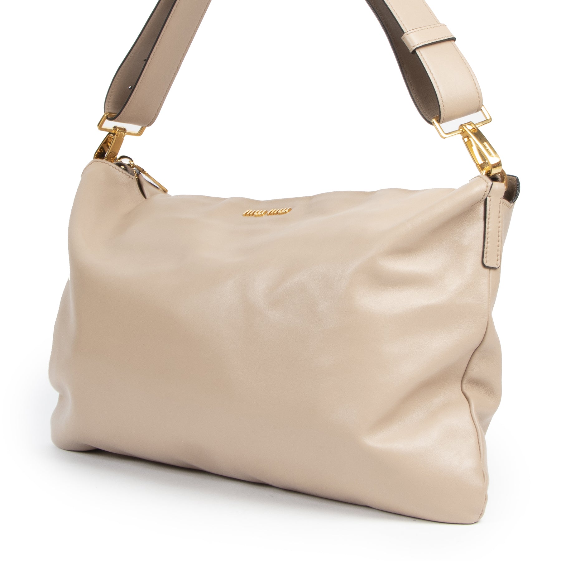 Authentieke Tweedehands Miu Miu Beige Leather Shoulder Bag juiste prijs veilig online shoppen luxe merken webshop winkelen Antwerpen België mode fashion