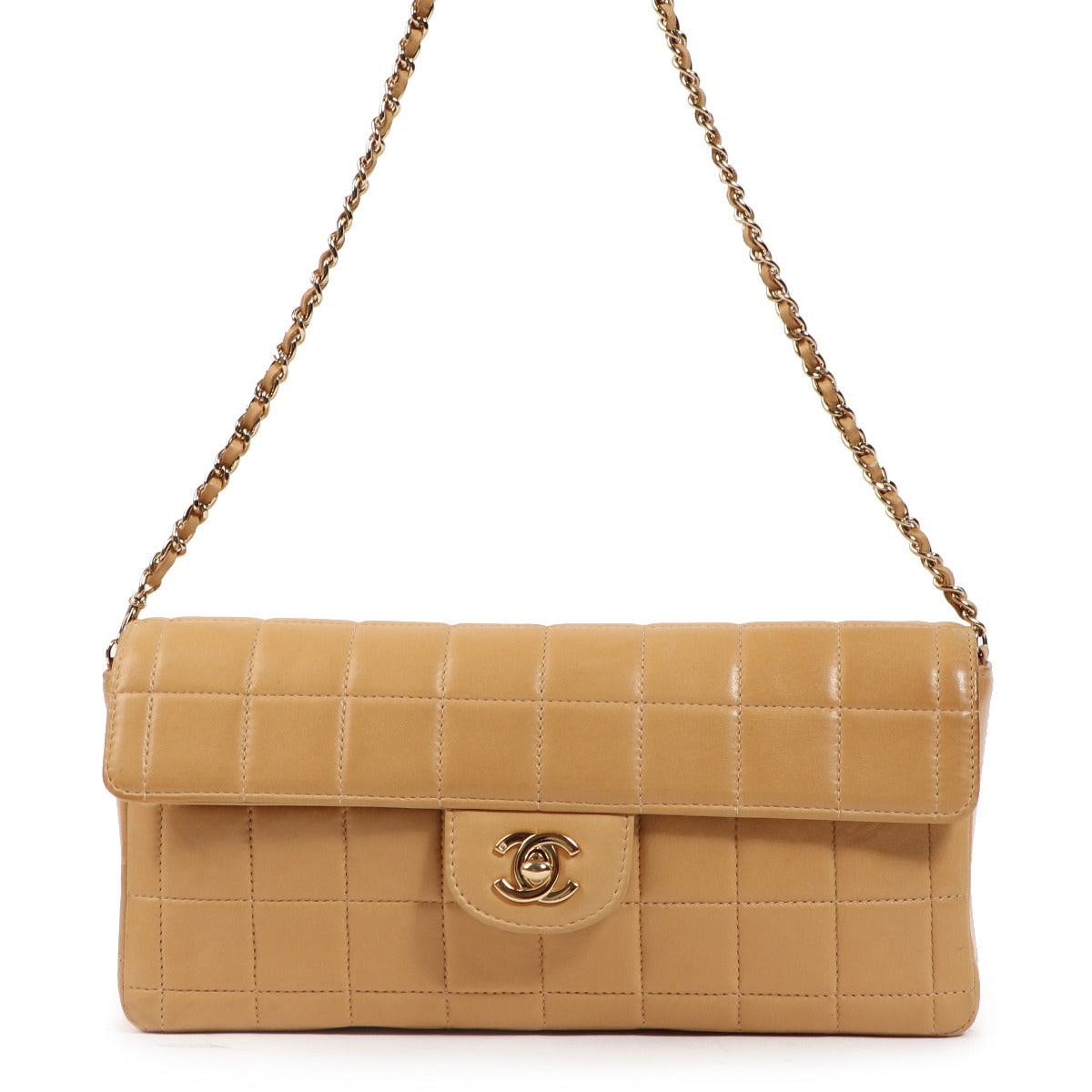 Chanel Camel CC East West Chocolate Bar Flap Bag fort he best price at Labellov secondhand luxury