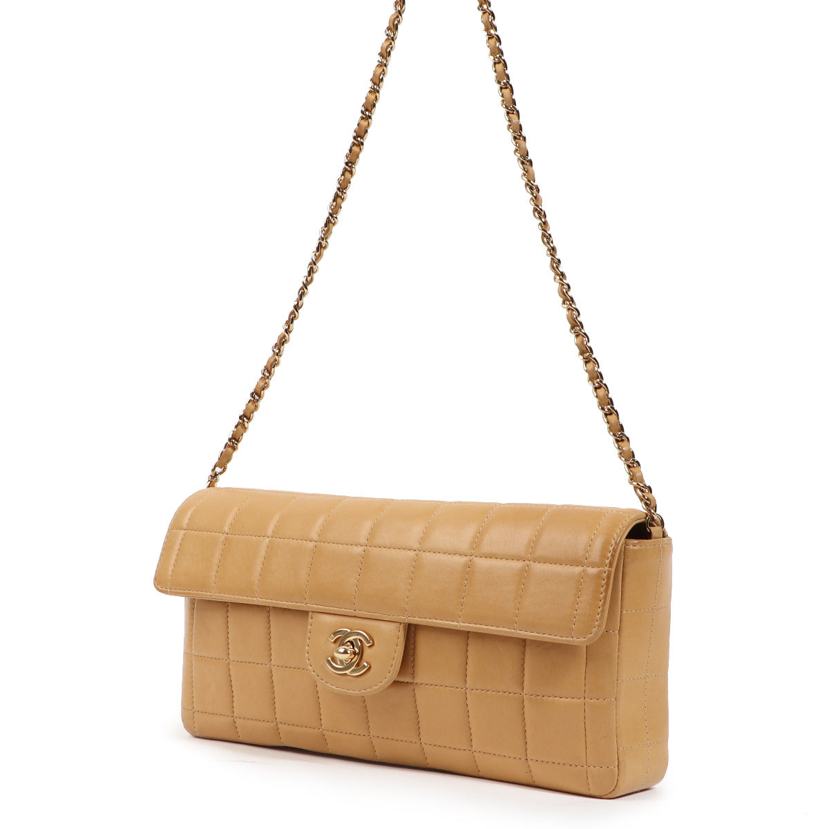Chanel Camel CC East West Chocolate Bar Flap Bag for the best price at Labellov secondhand luxury in Antwerp Brussels and Knokke. 100% authentic designer bags.