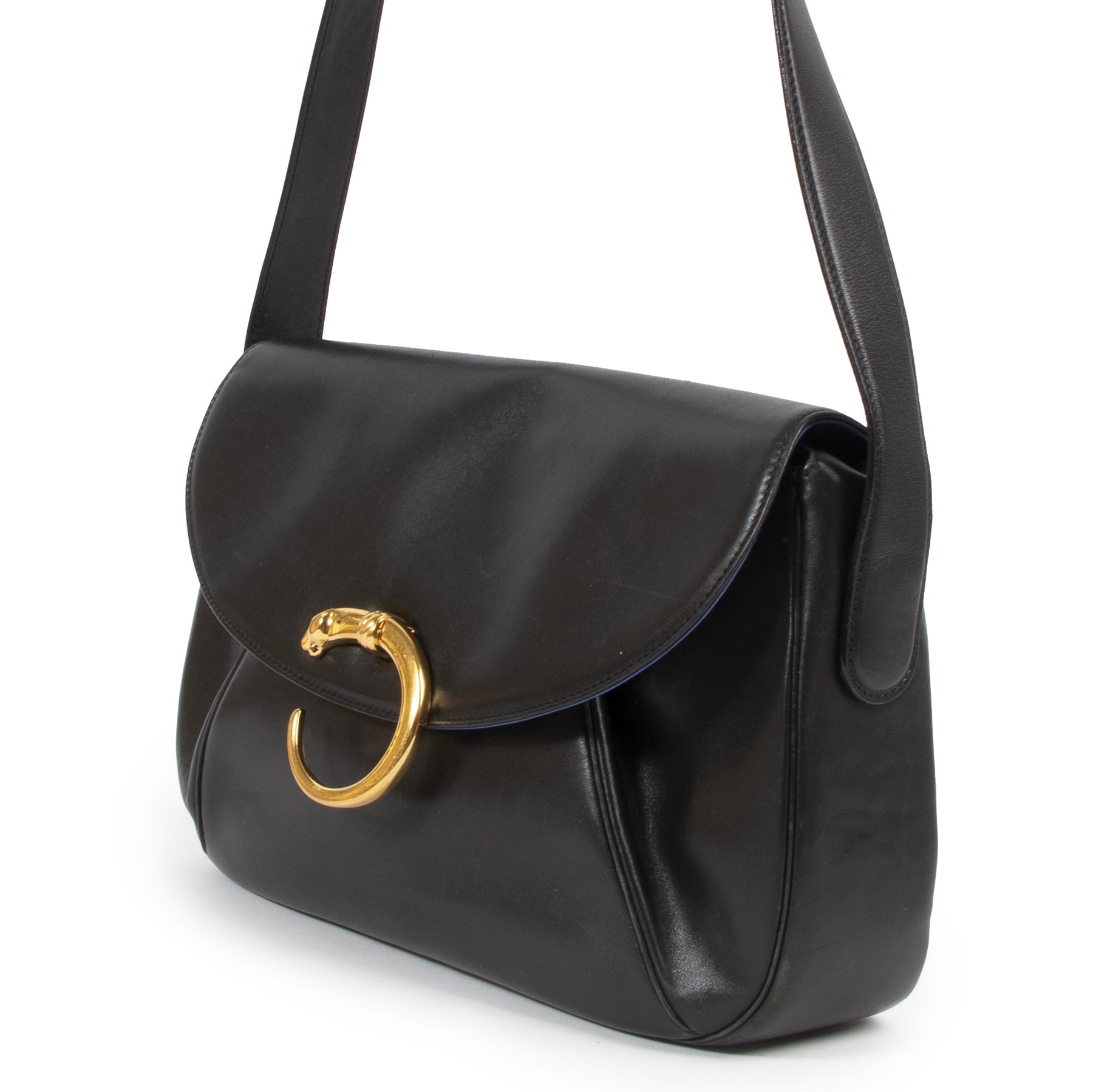 Authentieke Tweedehands Cartier Black Leather Panthère Crossbody Bag juiste prijs veilig online shoppen luxe merken webshop winkelen Antwerpen België mode fashion