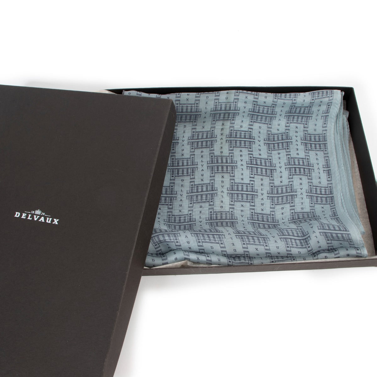 Buy authentic designer vintage second hand luxury Delvaux Blue-grey Printed Slik Foulard Scarf at Labellov.