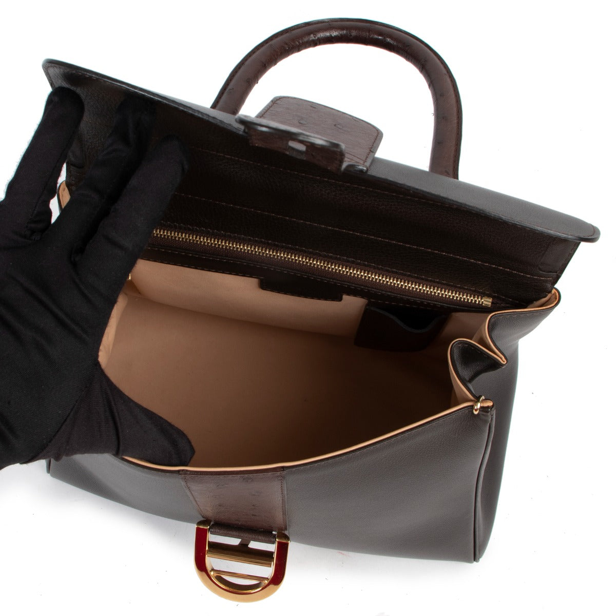 Delvaux Brillant MM Brown Ostrich/Calfskin Leather Handbag