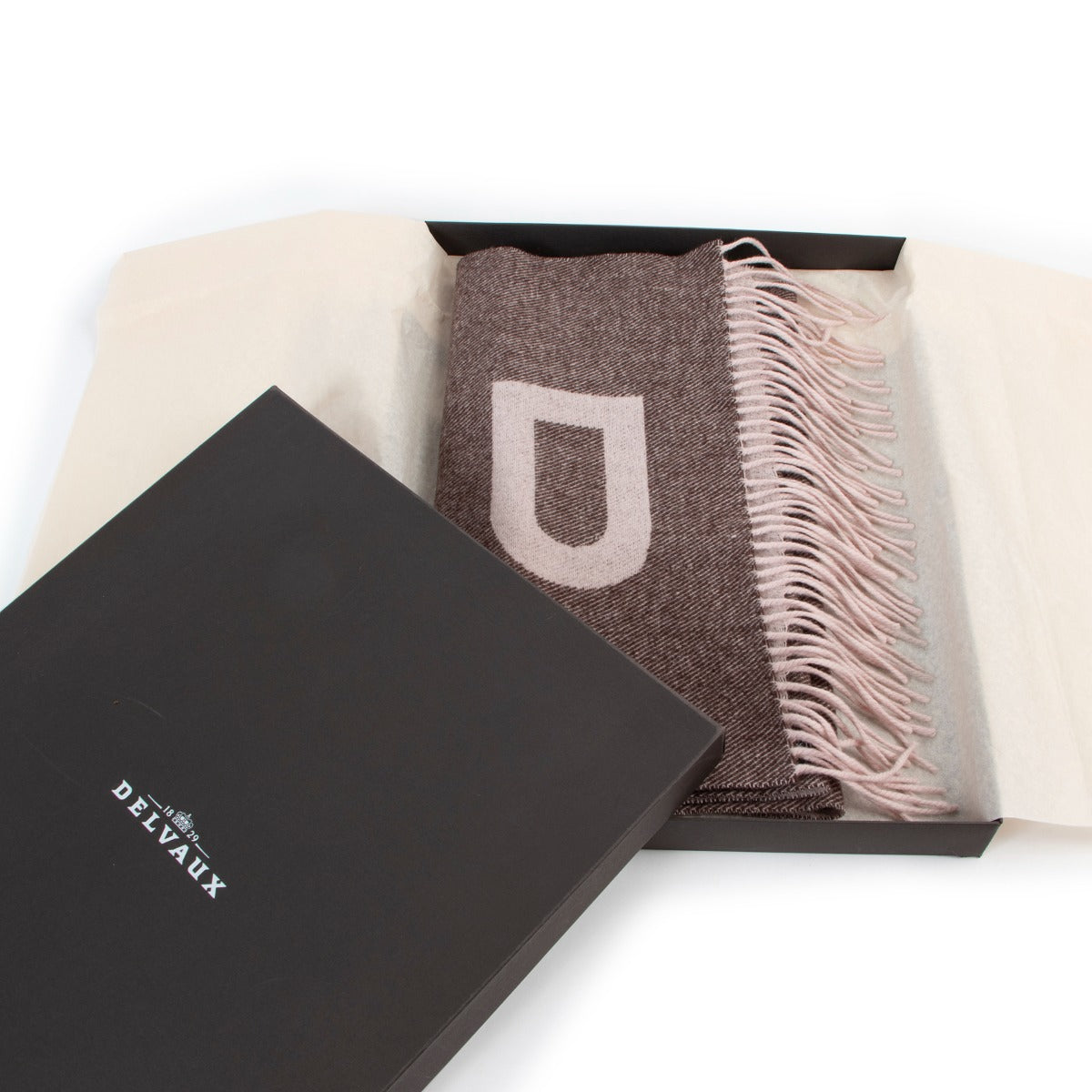 Buy second hand vintage luxury designer high end fashion Delvaux D Pink And Grey Cashmere Scarf at Labellov