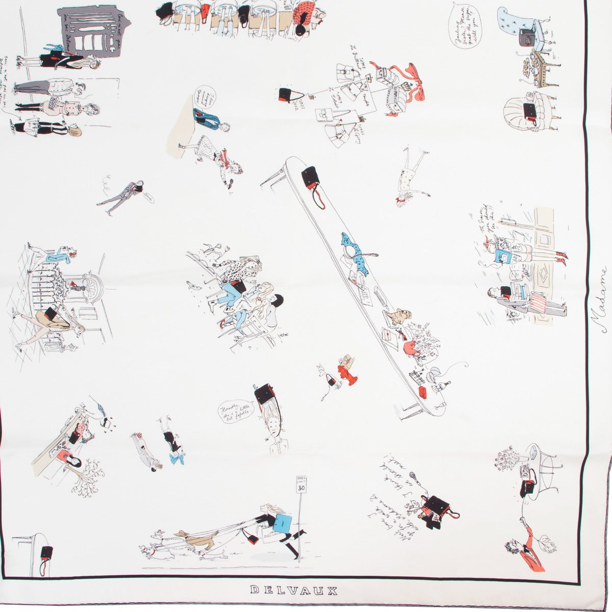 Buy second hand luxury designer vintage Delvaux Madame Delvaux Cartoon Print Silk Scarf at Labellov.