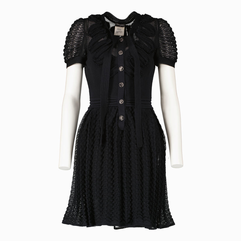 Chanel Black Ribbon Tie 10S Knit Dress - Size 34