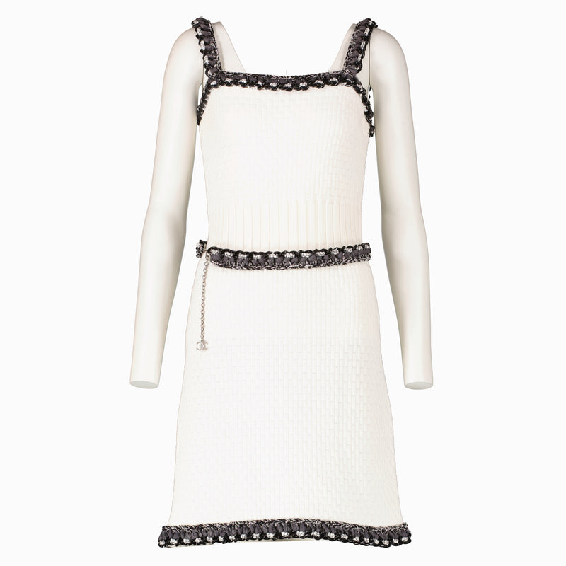 Chanel 14P White Knit Chain Belt Dress - Size 40