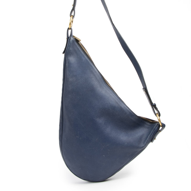 Authentieke Tweedehands Delvaux Blue Leather Sling Bag juiste prijs veilig online shoppen luxe merken webshop winkelen Antwerpen België mode fashion