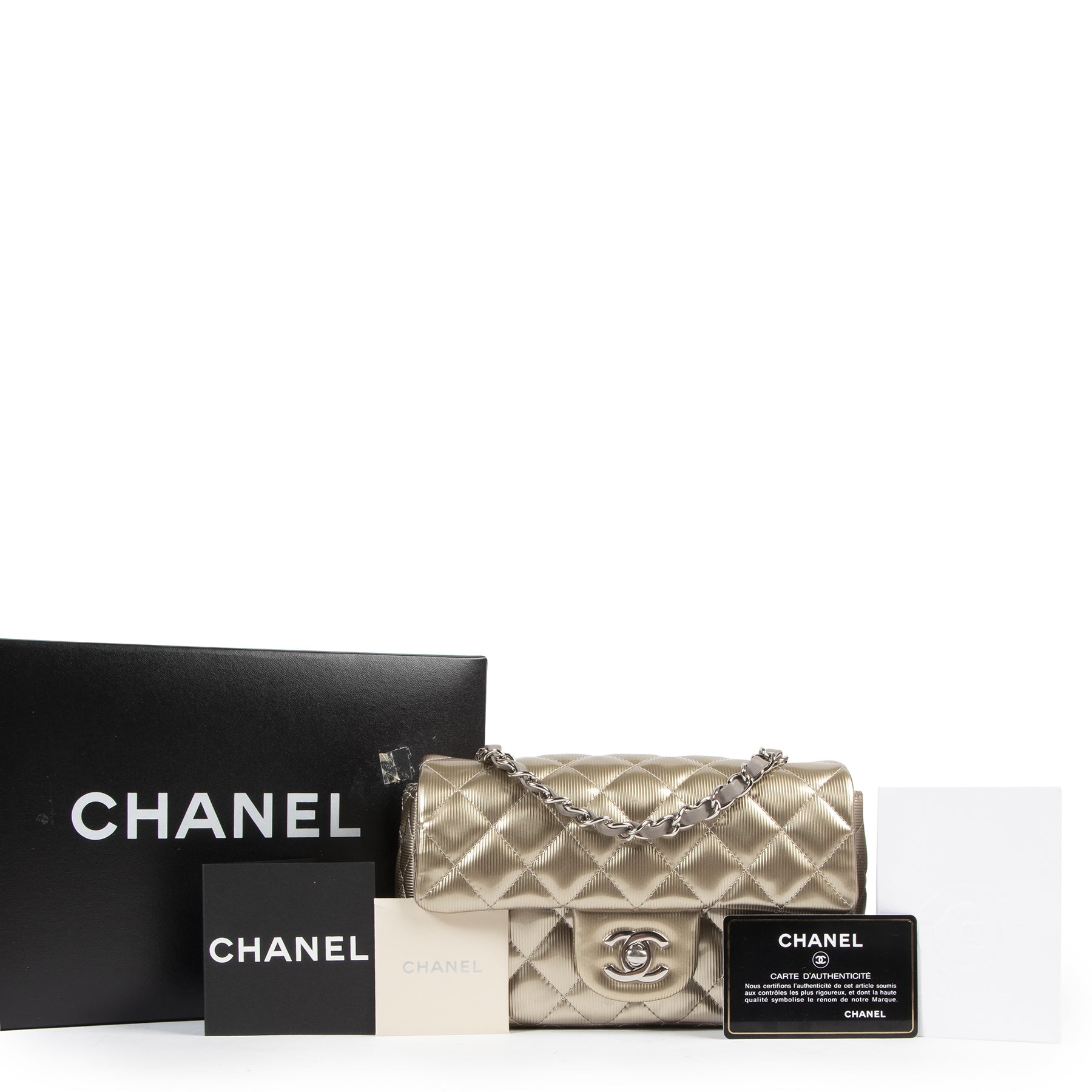100% authentic designer Chanel Quilted Striated Metallic Patent Mini Classic Single Flap Bag for the best price