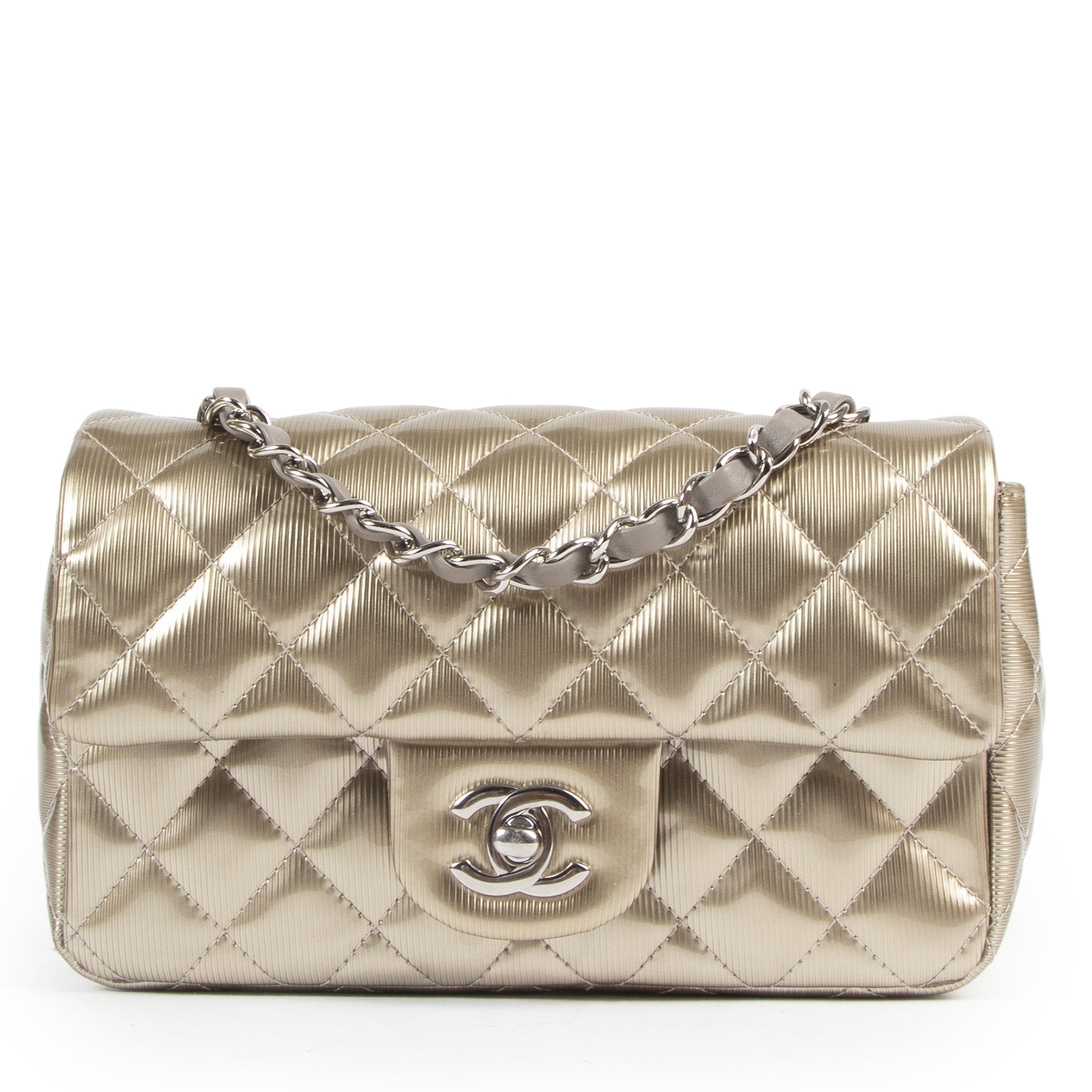 Are you looking for an authentic designer Chanel Quilted Striated Metallic Patent Mini Classic Single Flap Bag