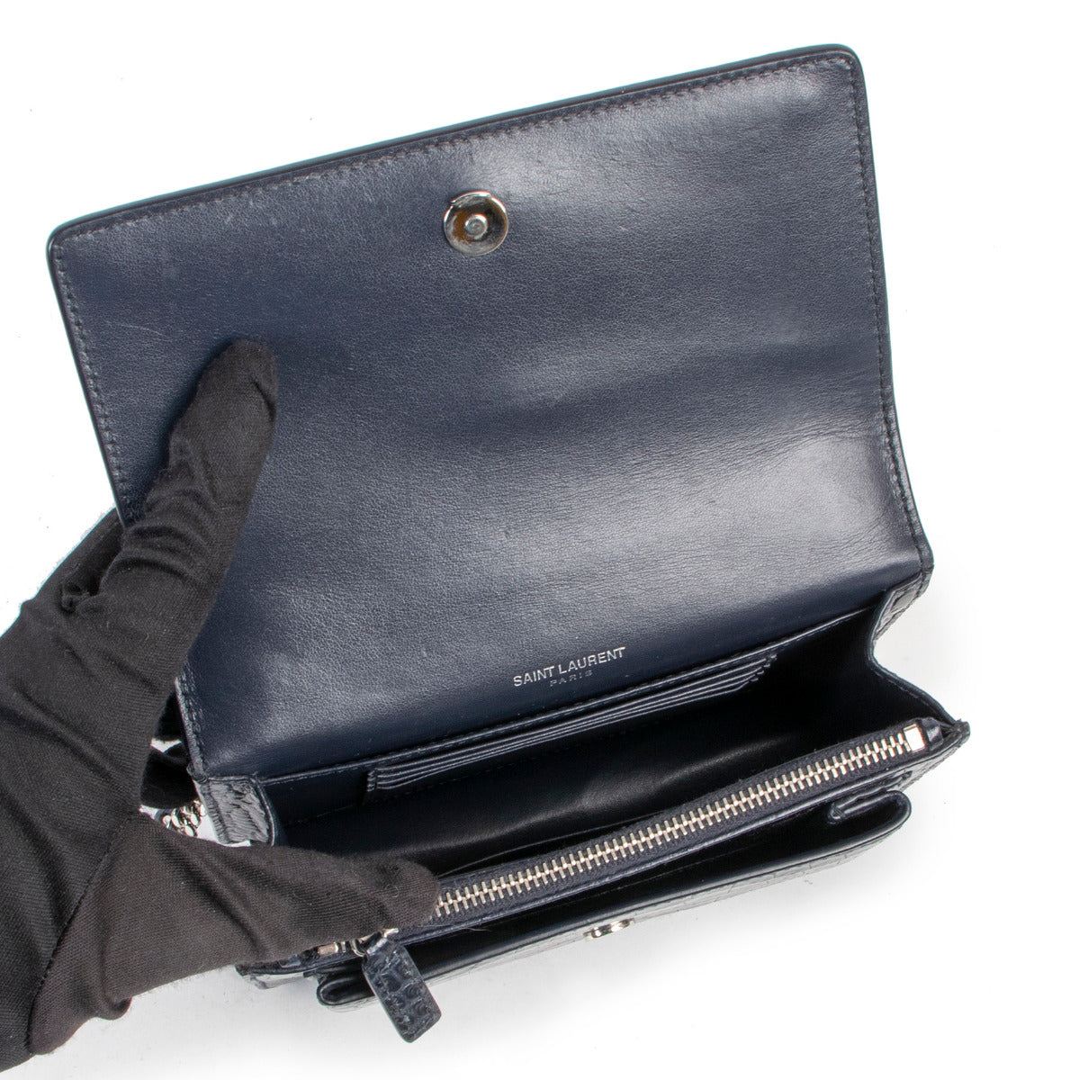 Sac Sunset petit format Saint Laurent bleu foncé embossé façon croco