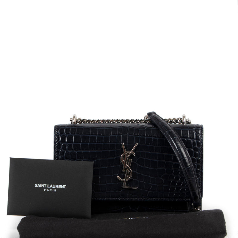 Saint Laurent Dark Blue Croc Embossed Mini Sunset Crossbody Bag