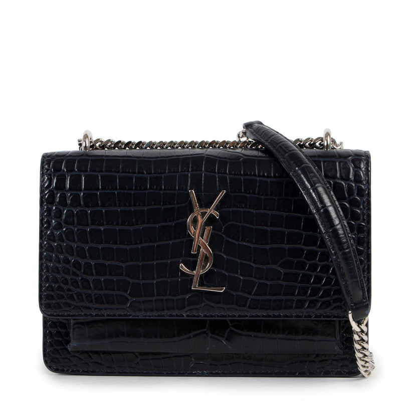 Saint Laurent Dark Blue Croc Embossed Mini Sunset Crossbody Bag