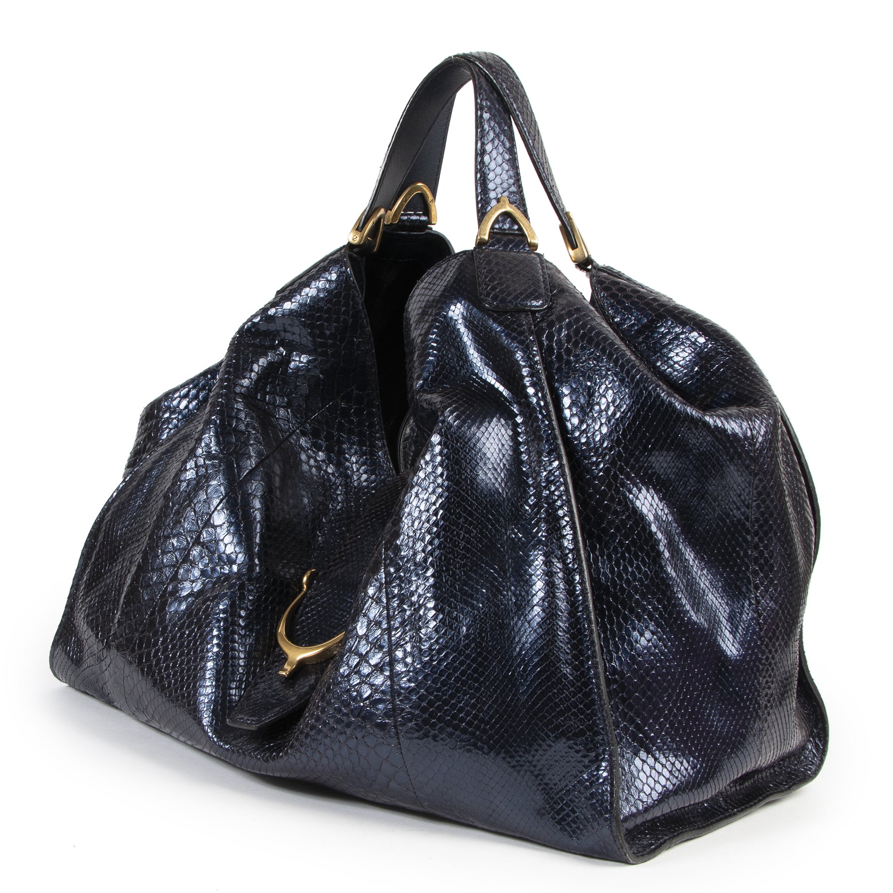 Authentieke Tweedehands Gucci Metallic Blue Python Soft Stirrup Tote Bag juiste prijs veilig online shoppen luxe merken webshop winkelen Antwerpen België mode fashion