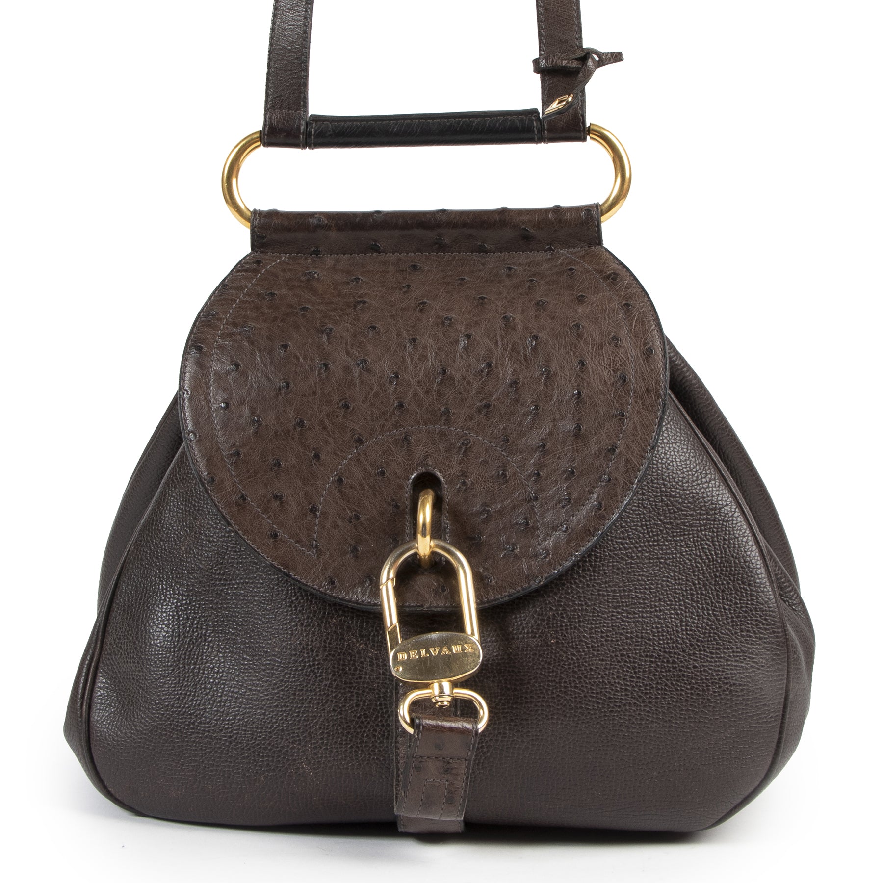 Delvaux Brown Ostrich Leather Cerceau Bag tweedehands te koop