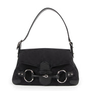 Authentieke Tweedehands Gucci Black Monogram Canvas Horsebit Shoulder Bag juiste prijs veilig online shoppen luxe merken webshop winkelen Antwerpen België mode fashion