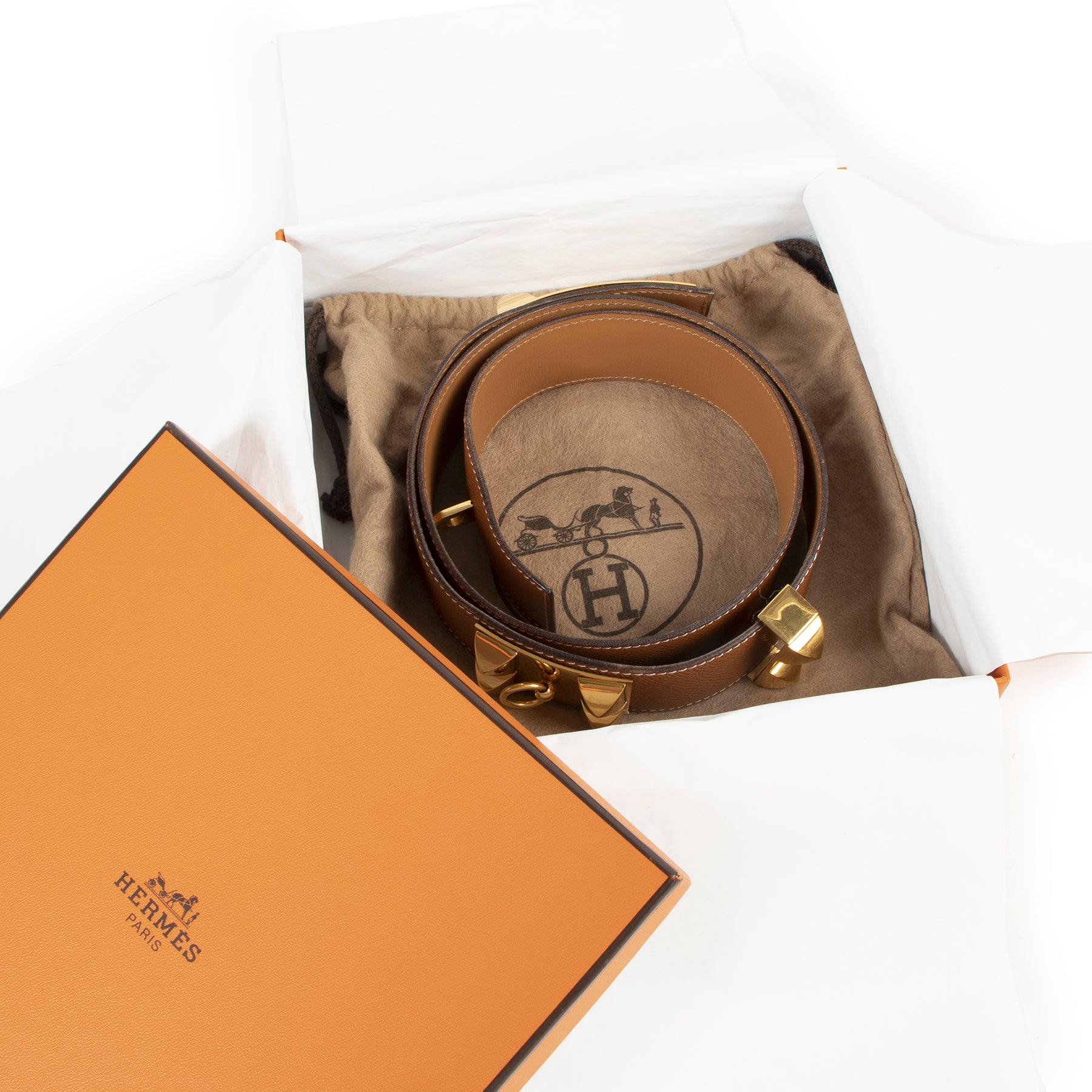 Hermès Cognac Gold Collier de Chien Riem - Maat 85