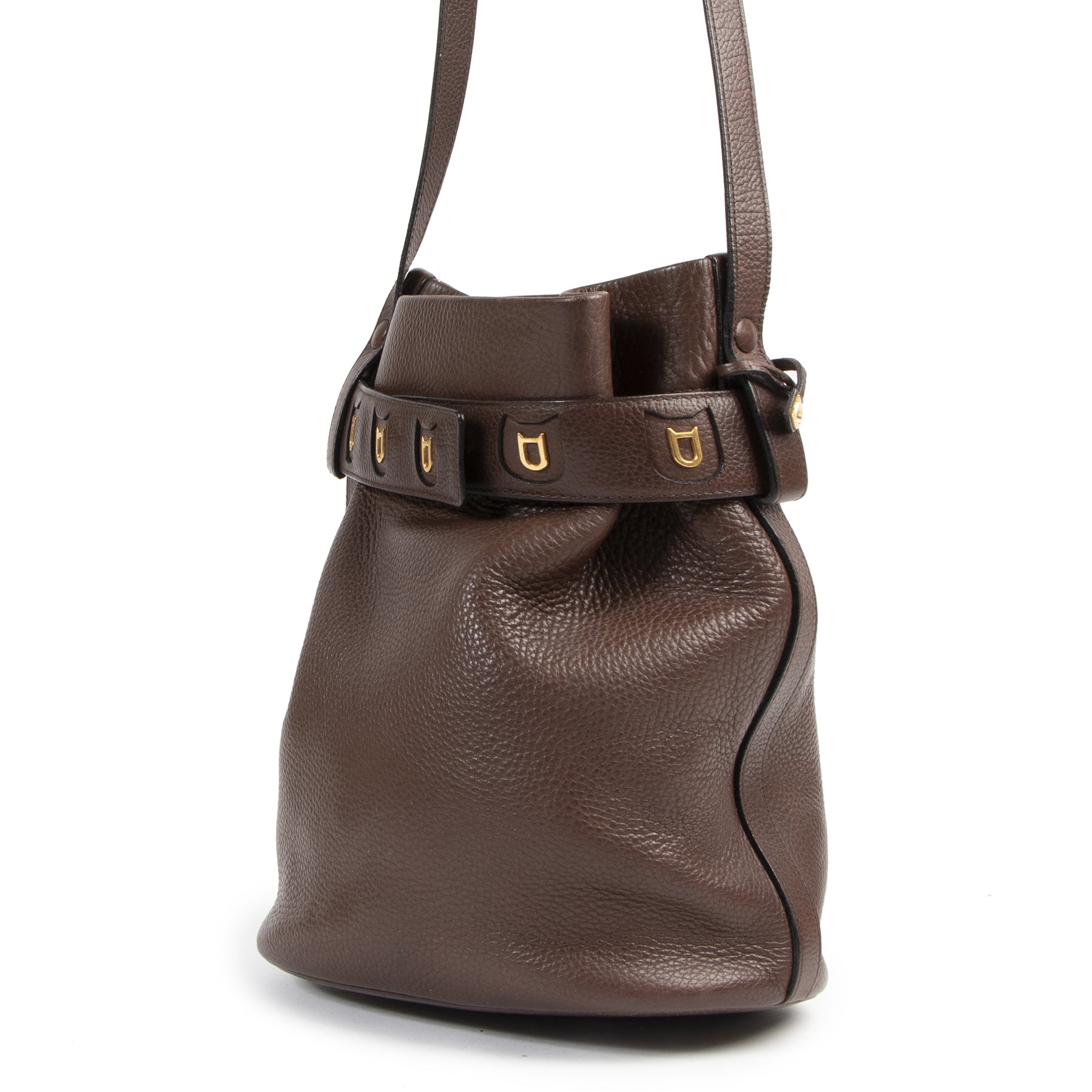 Authentieke Tweedehands Delvaux Brown Leather Calicot Bucket Bag juiste prijs veilig online shoppen luxe merken webshop winkelen Antwerpen België mode fashion