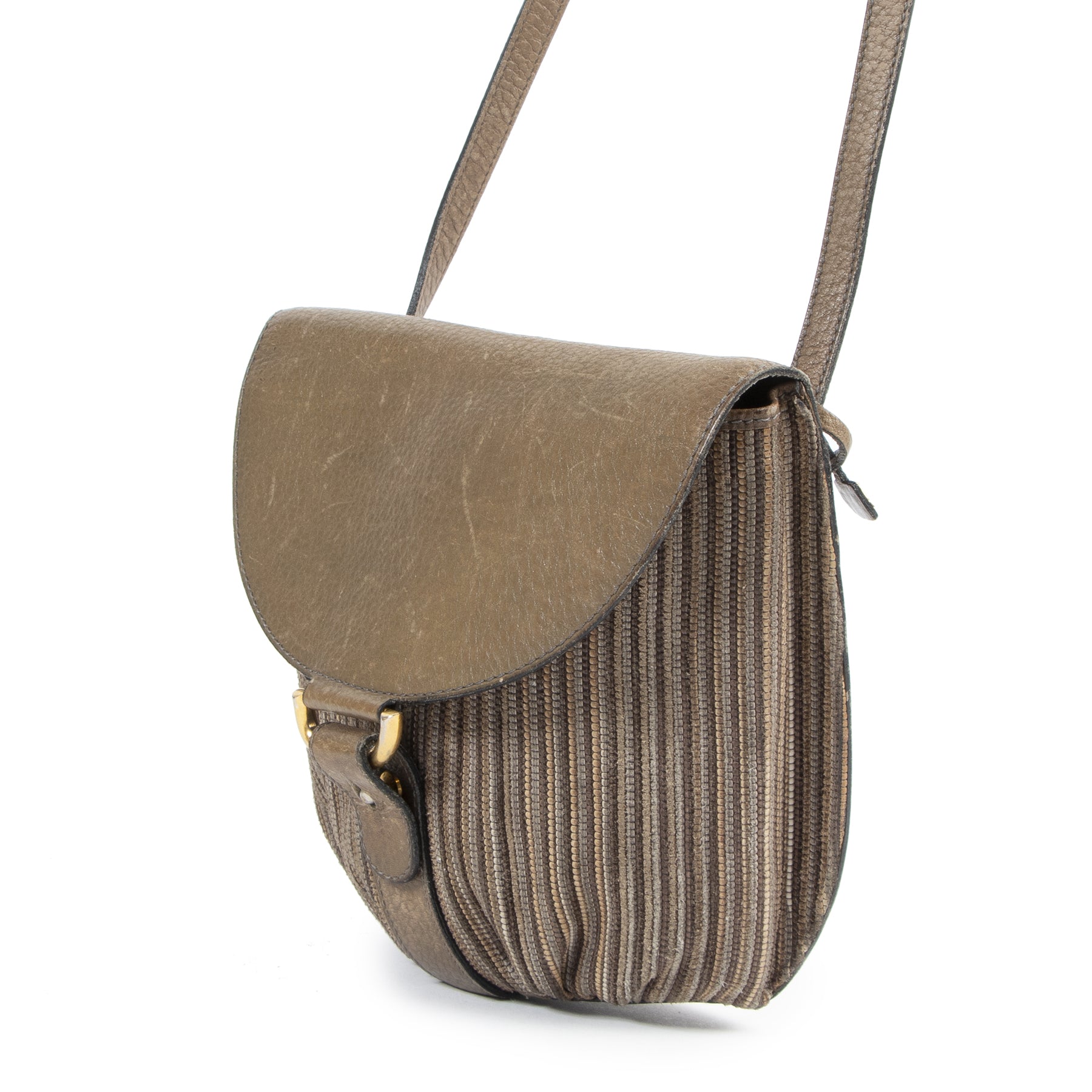Authentieke Tweedehands Delvaux Taupe Toile de Cuir Crossbody Bag juiste prijs veilig online shoppen luxe merken webshop winkelen Antwerpen België mode fashion
