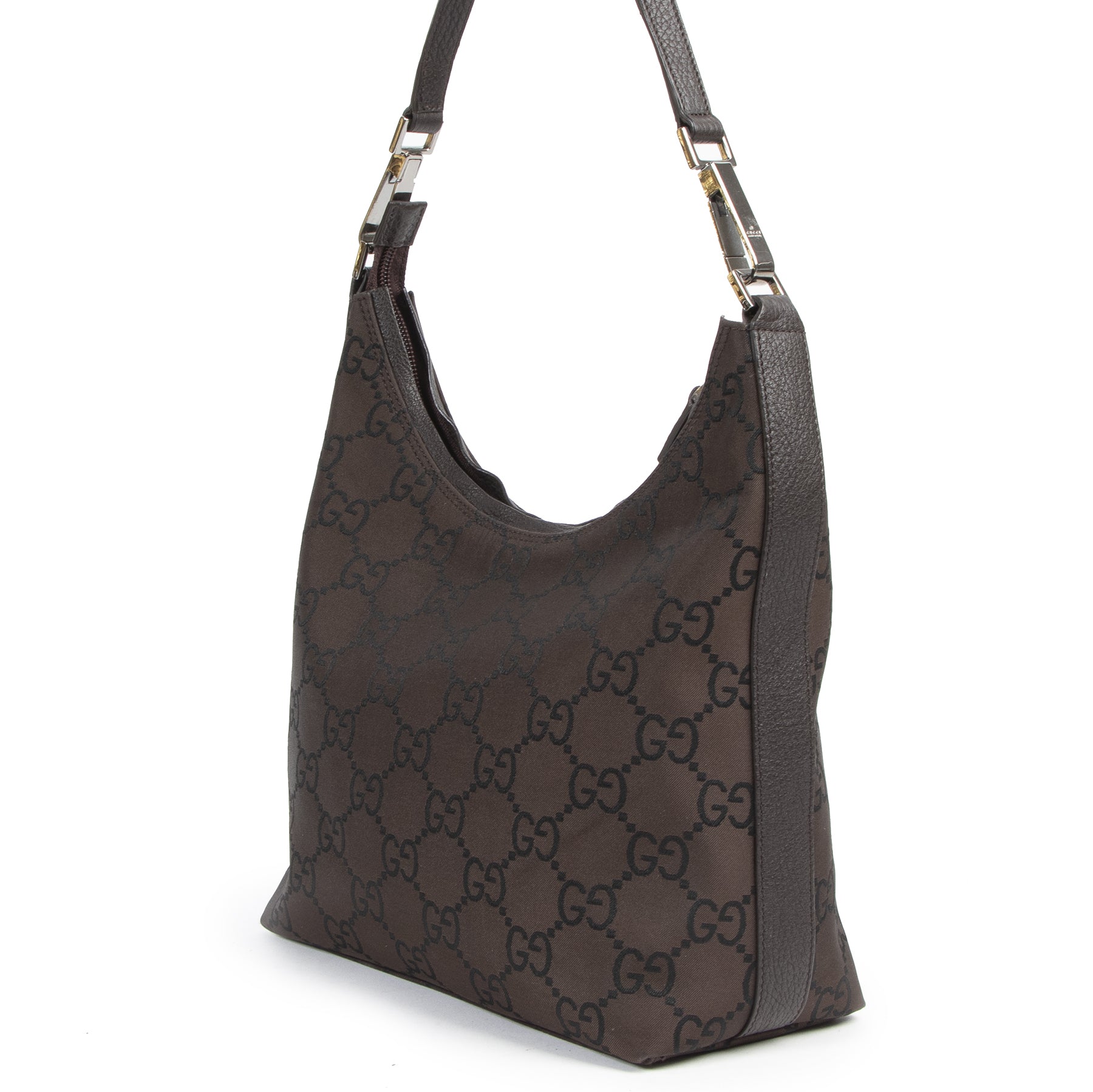 Authentieke Tweedehands Gucci Brown Monogram Nylon Shoulder Bag juiste prijs veilig online shoppen luxe merken webshop winkelen Antwerpen België mode fashion
