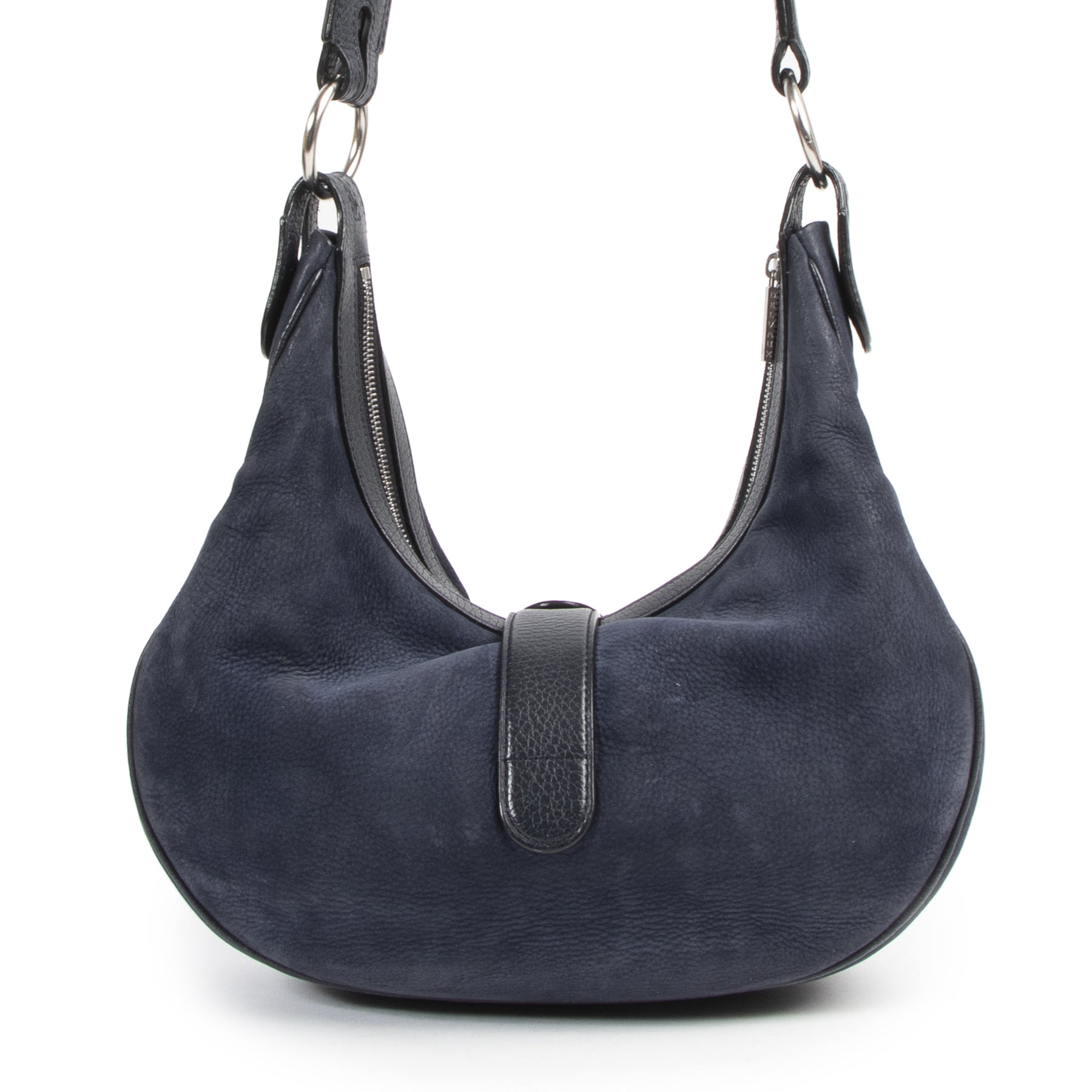 Authentieke Tweedehands Delvaux Blue Camille Nubuck Leather Bag juiste prijs veilig online shoppen luxe merken webshop winkelen Antwerpen België mode fashion
