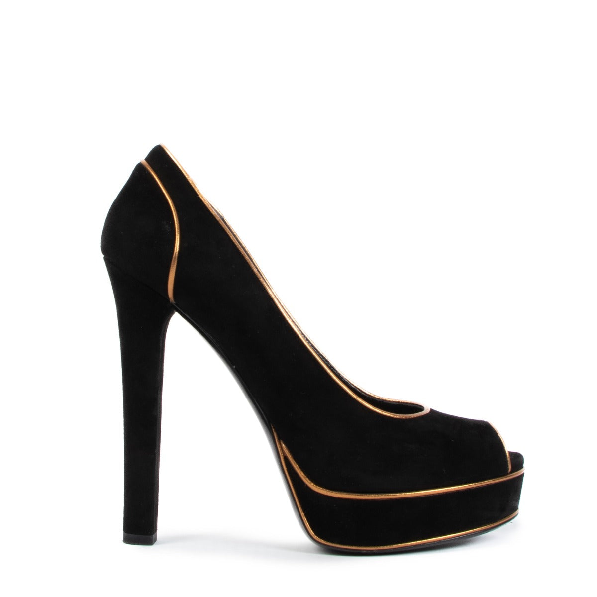 Gucci Black Gold Suede Peep Toe Heels