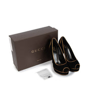 Gucci Black Gold Suede Peep Toe Heels