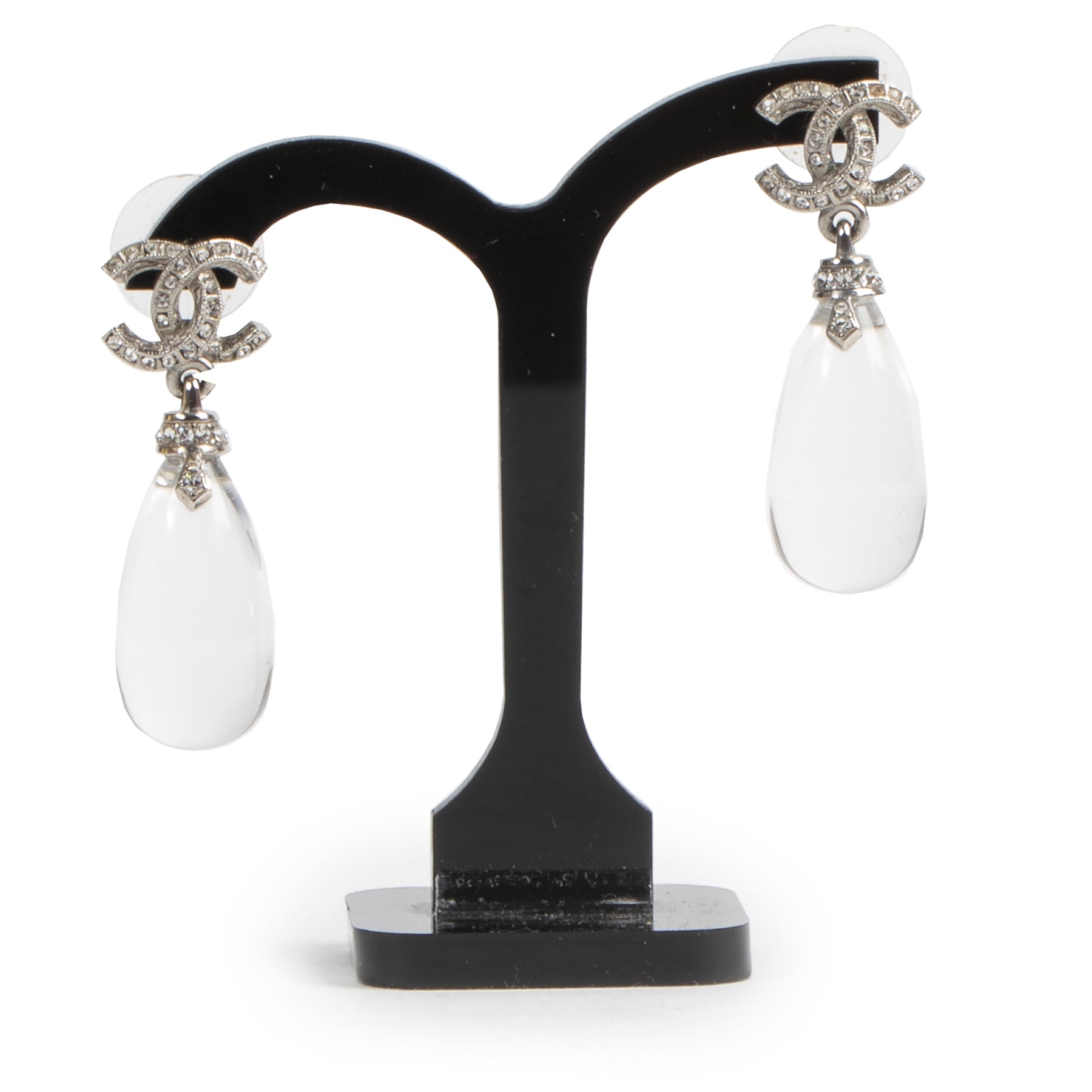 Chanel Doorzichtige Hanger Oorbellen Kristallen CC Logo