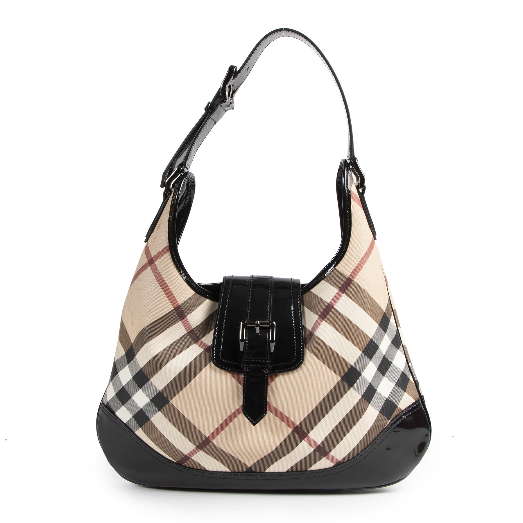 koop veilig online Burberry Coated Canvas Check Shoulder Bag