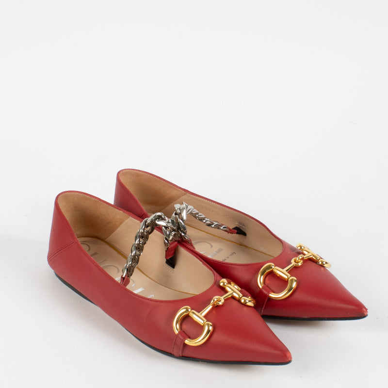 Gucci Red Horsebit Chain Flats - size 38