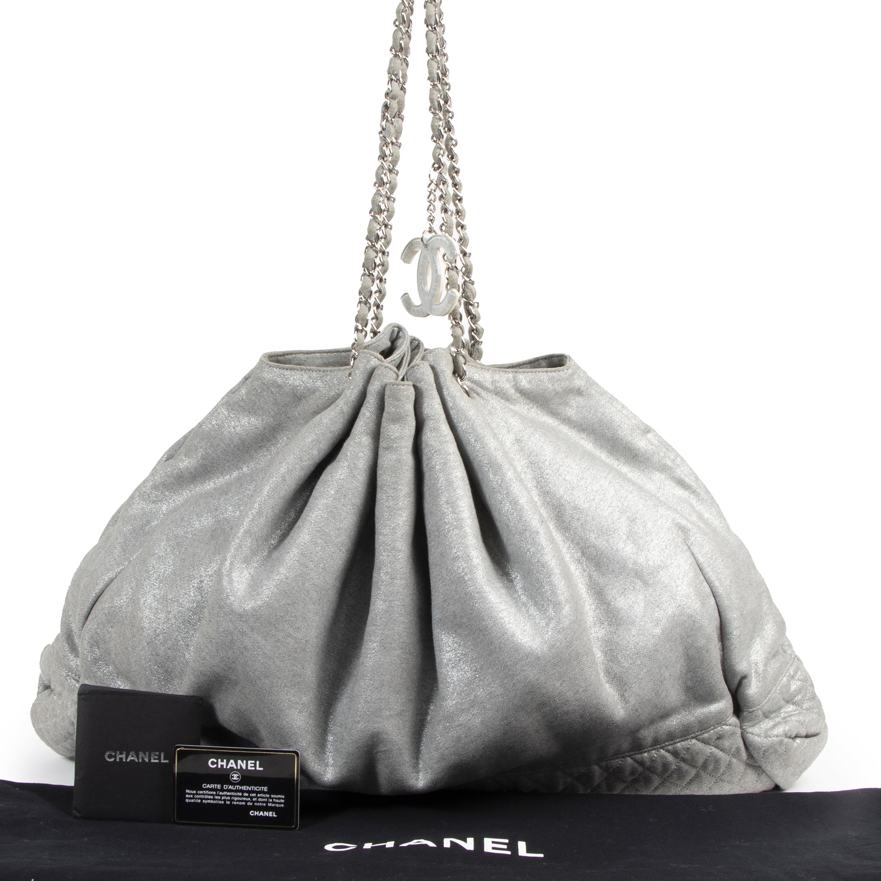 Authentieke Tweedehands Chanel Melrose Cabas Tote Fabric Grey Shoulder Bag juiste prijs veilig online shoppen luxe merken webshop winkelen Antwerpen België mode fashion