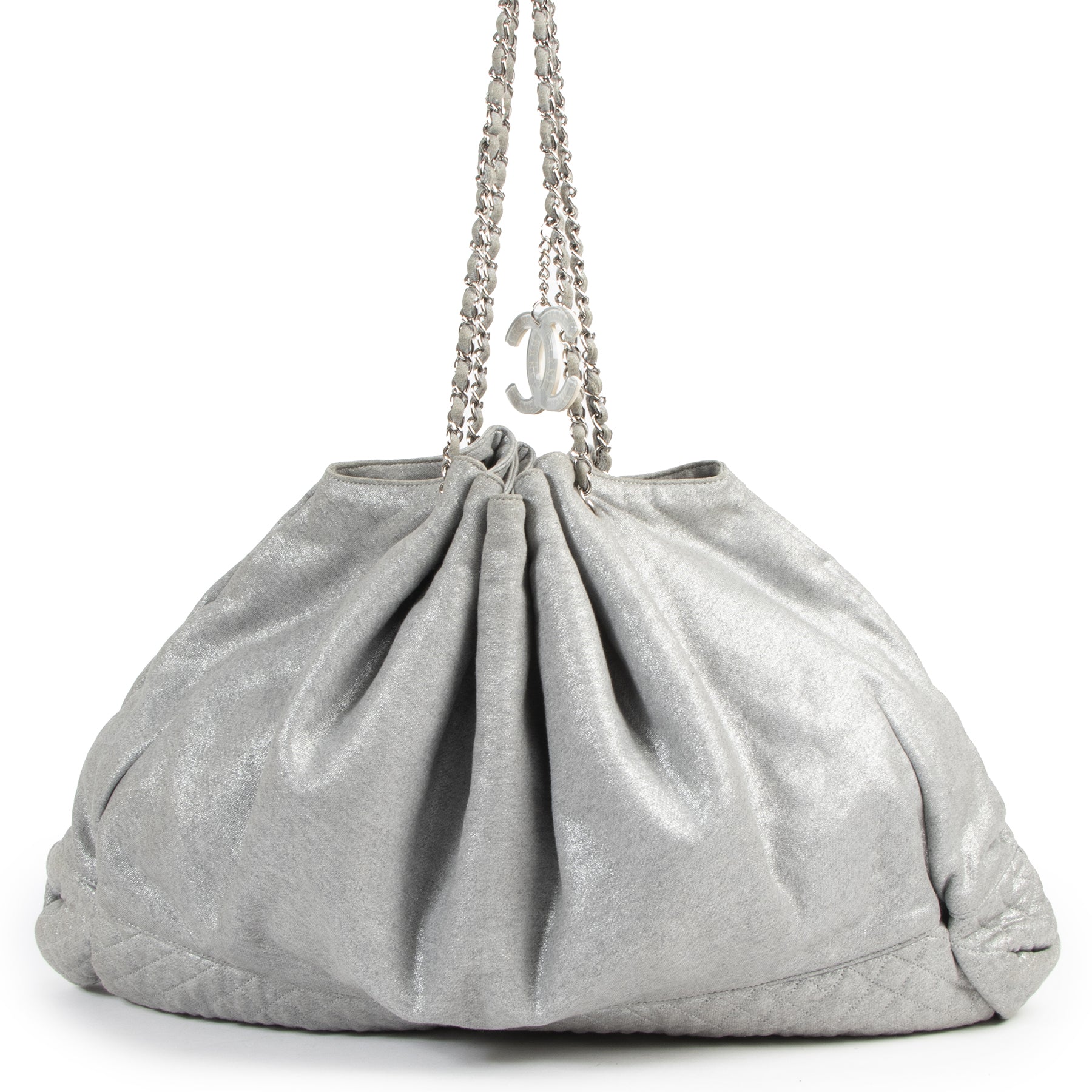 Authentieke Tweedehands Chanel Melrose Cabas Tote Fabric Grey Shoulder Bag juiste prijs veilig online shoppen luxe merken webshop winkelen Antwerpen België mode fashion