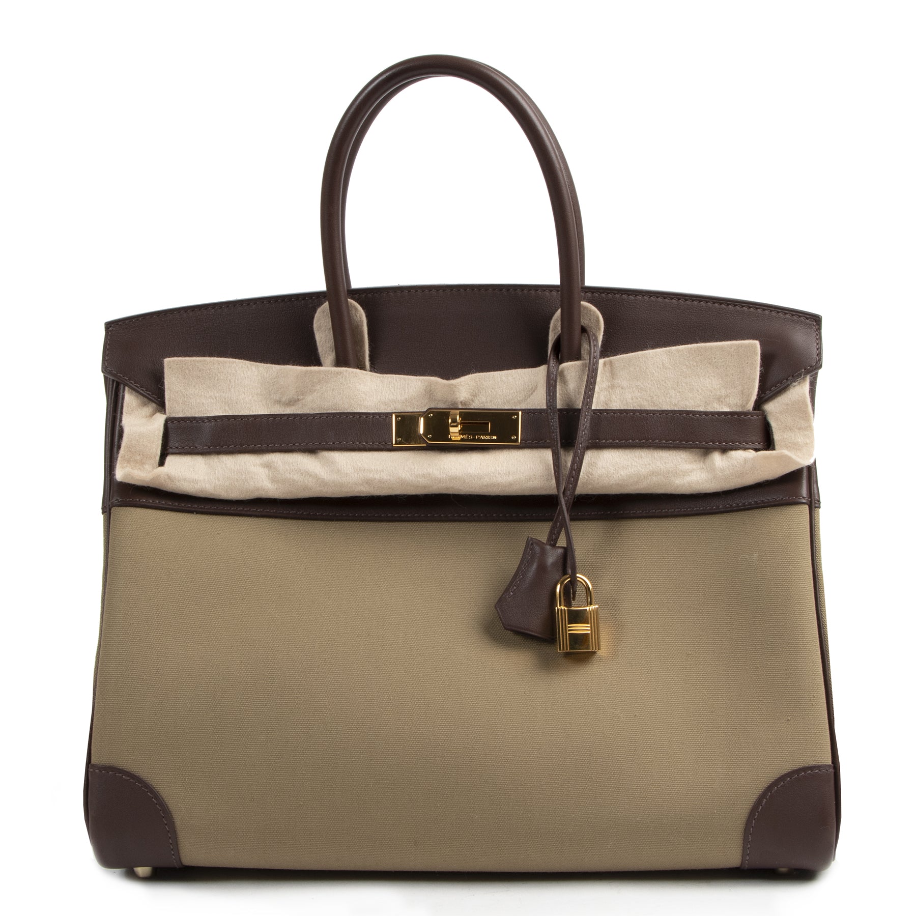 Hermès Birkin 35 Toile Officier Khaki / Havane Swift GHW