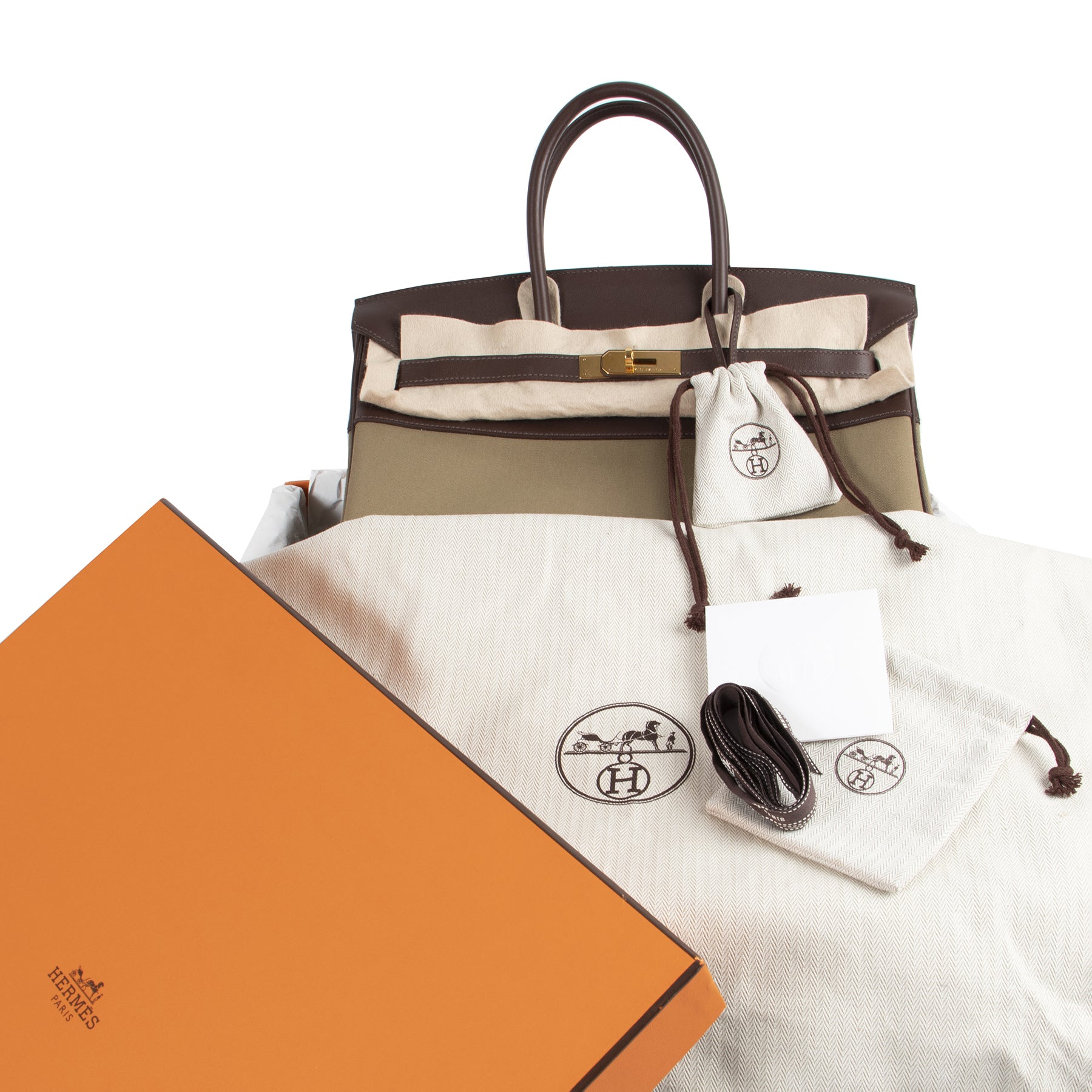 Hermès Birkin 35 Toile Officier Khaki / Havane Swift GHW