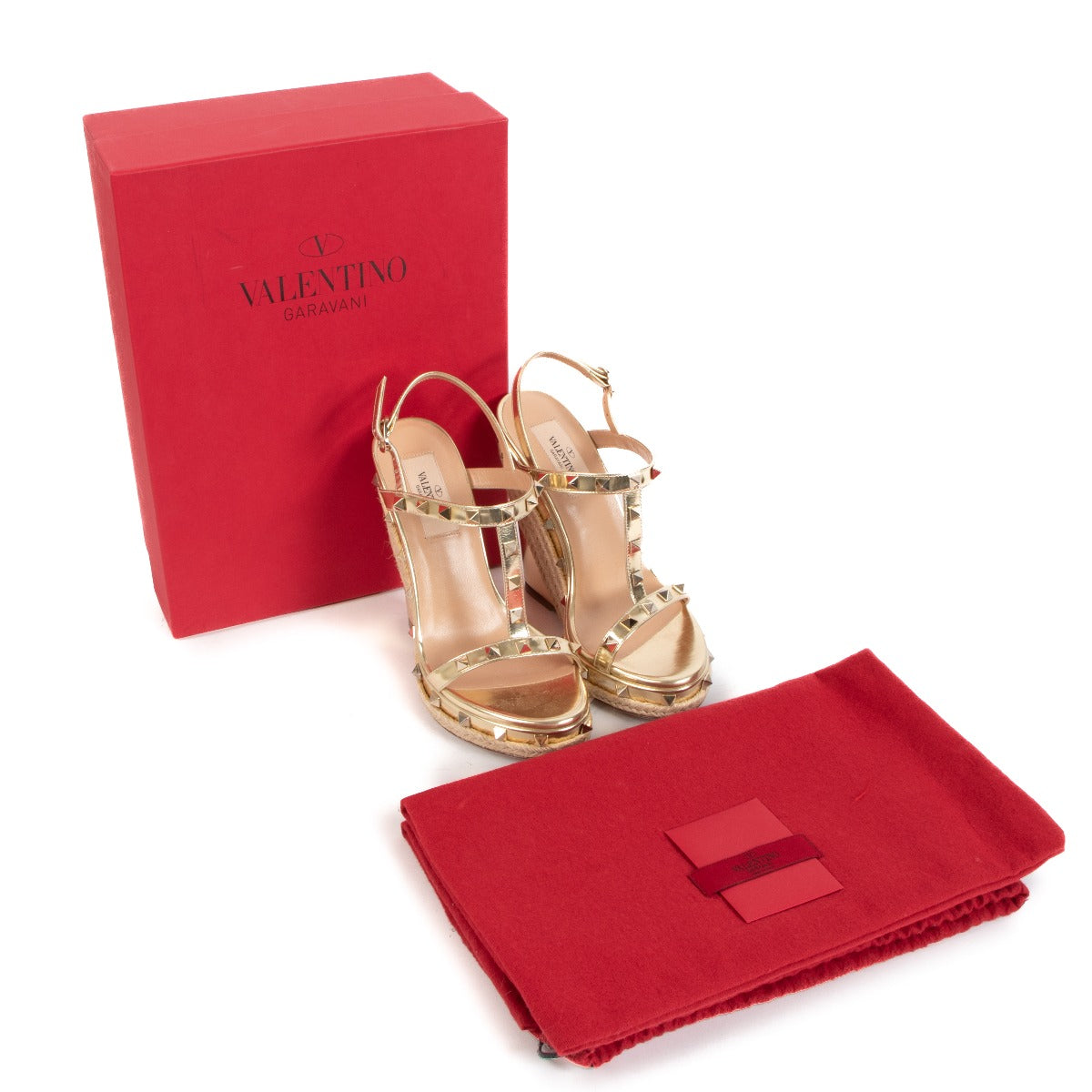 Shop 100% authentic Valentino Garavani Gold Rockstud Wedge Heels - Size 36 on Labellov.com.
