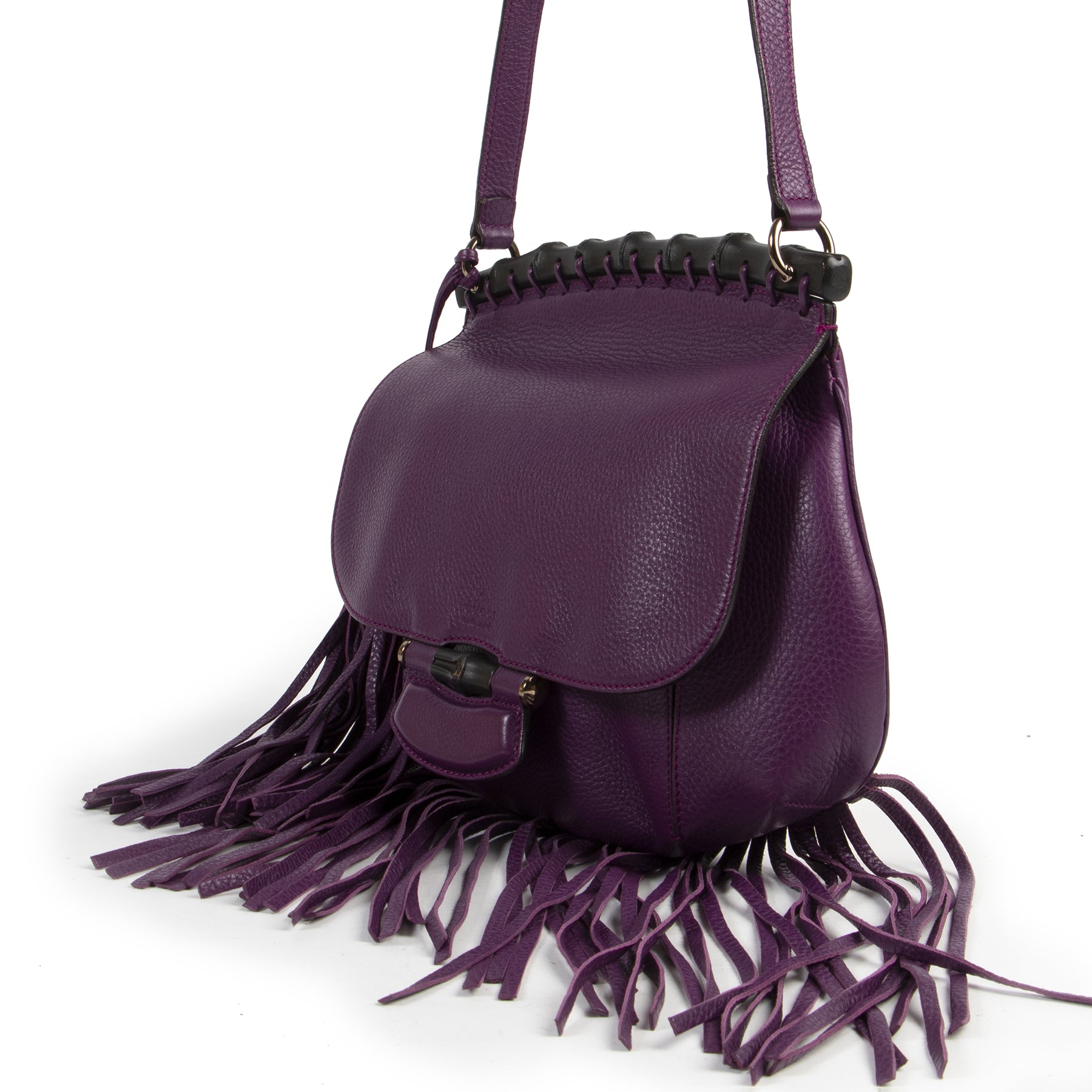 Authentieke Tweedehands Gucci Purple Nouveau Suede Fringe Shoulder Bag juiste prijs veilig online shoppen luxe merken webshop winkelen Antwerpen België mode fashion