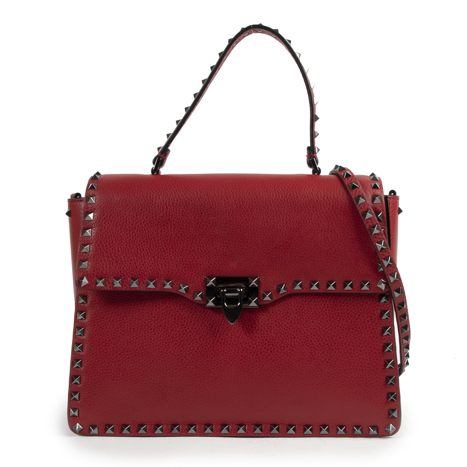 Valentino Garavani Red Leather Rockstud Shoulder Bag for the best price at Labellov secondhand luxury in Antwerp