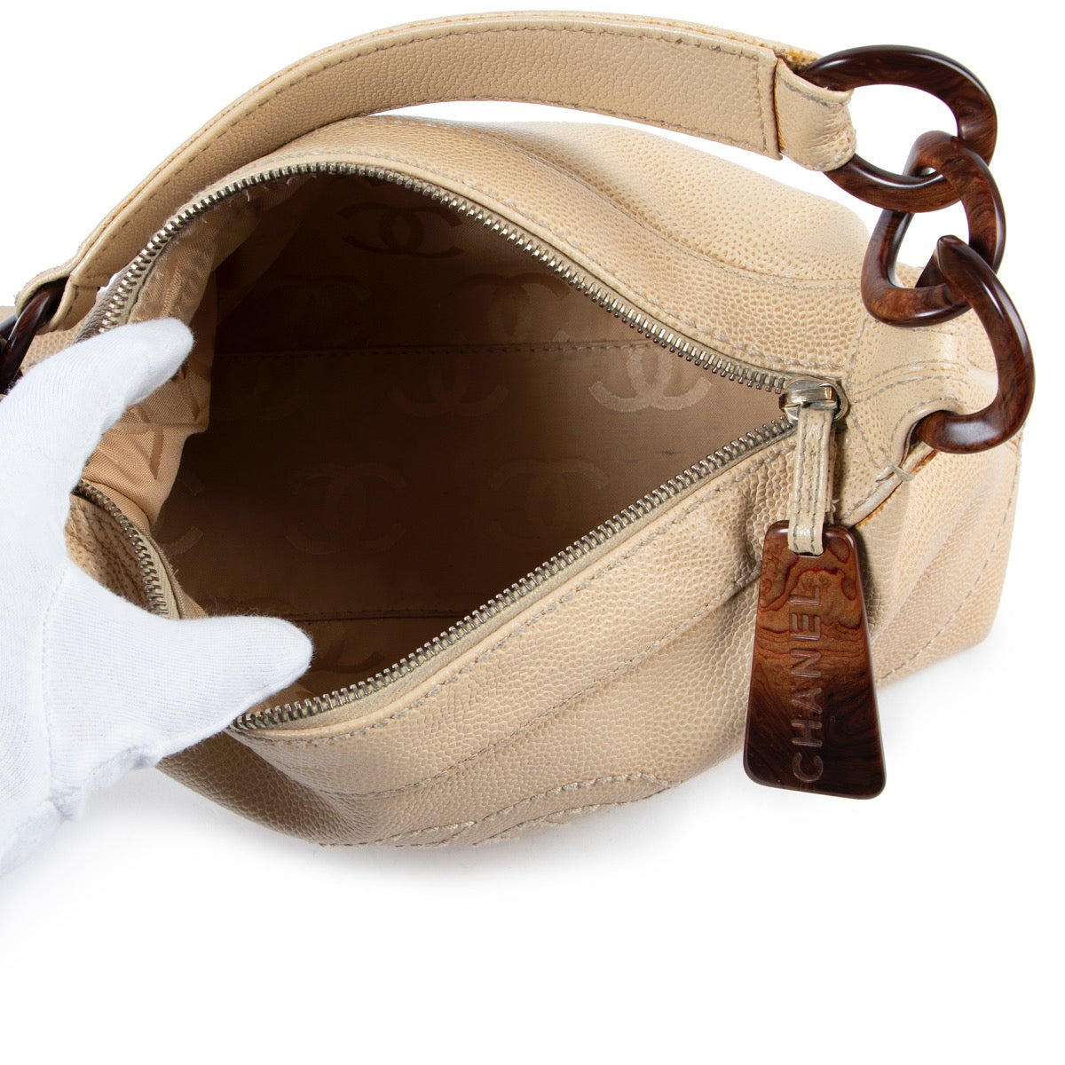 Shop safe online authentic Chanel Beige Tortoise Caviar Leather Shoulder Bag at Labellov.com.