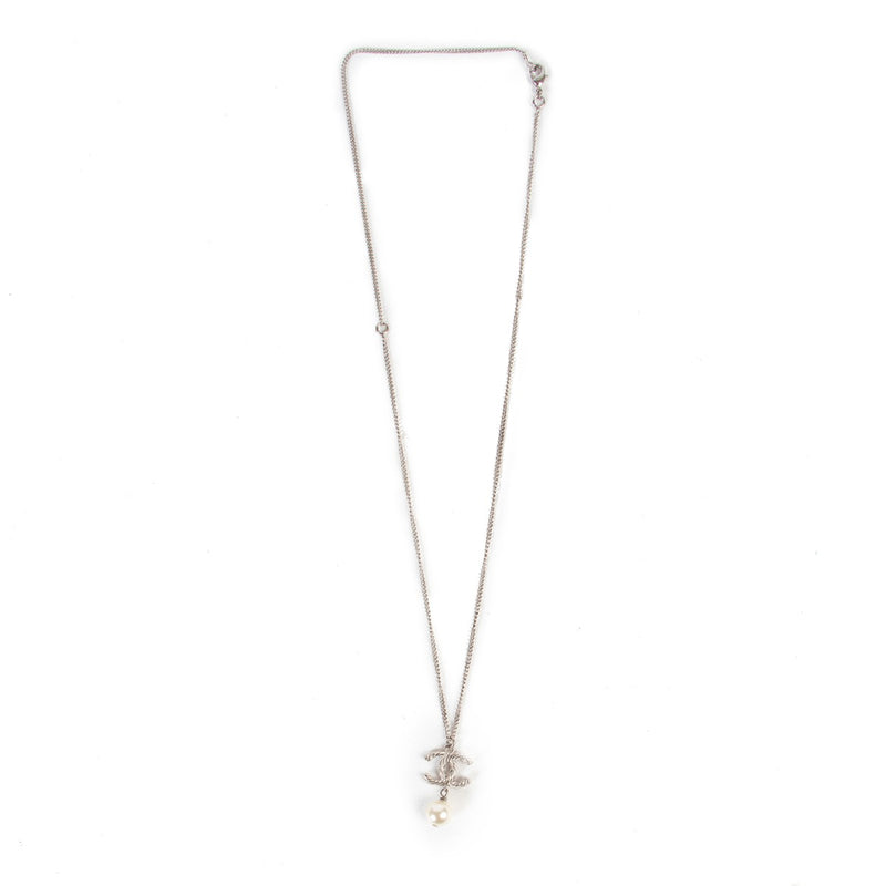 Chanel Silver Crystal Twisted CC Pearl Drop Pendant Necklace