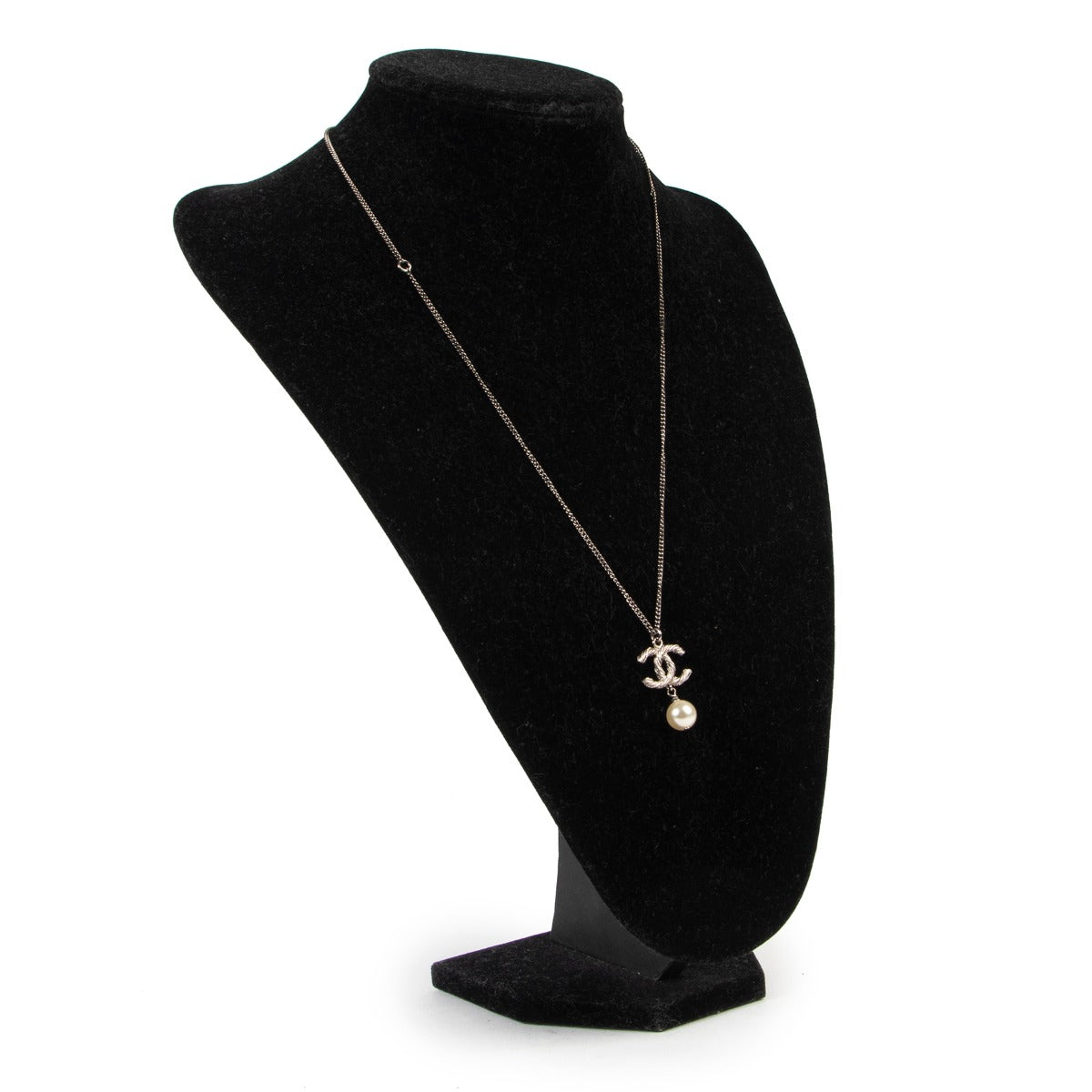 Preloved Chanel Silver Crystal Twisted CC Pearl Drop Pendant Necklace