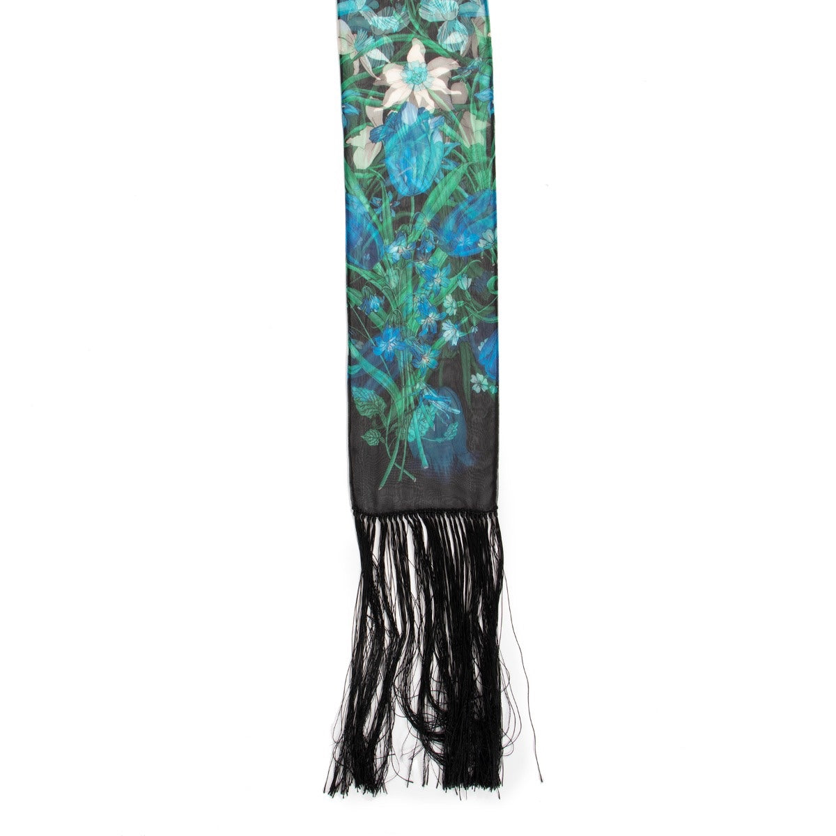 Gucci Black Floral Silk Chiffon Fringed Scarf