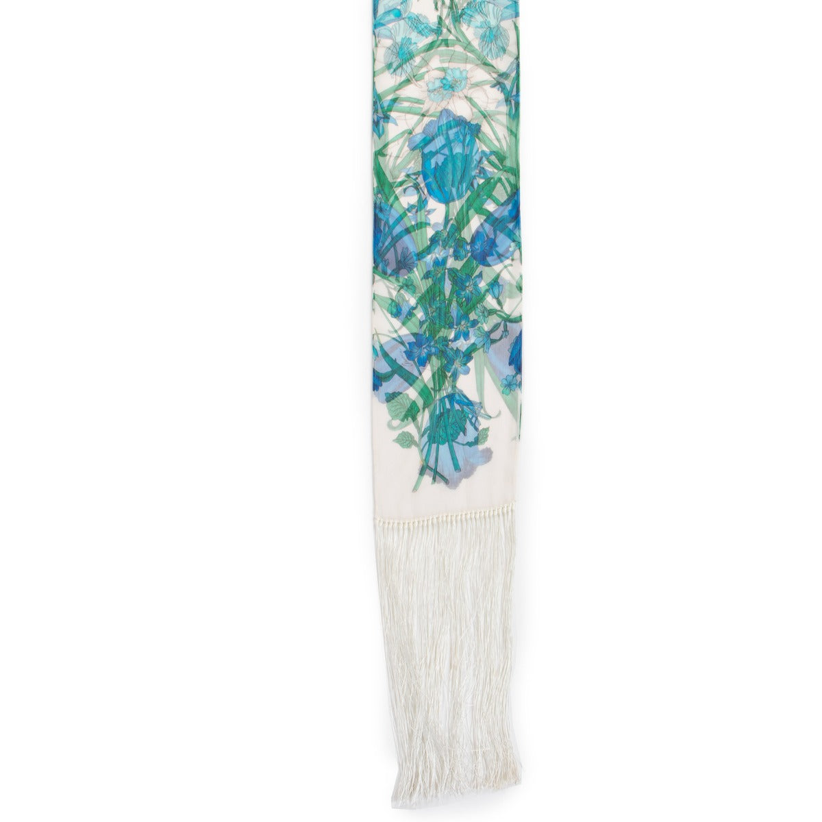 Gucci White Floral Silk Chiffon Fringed Scarf