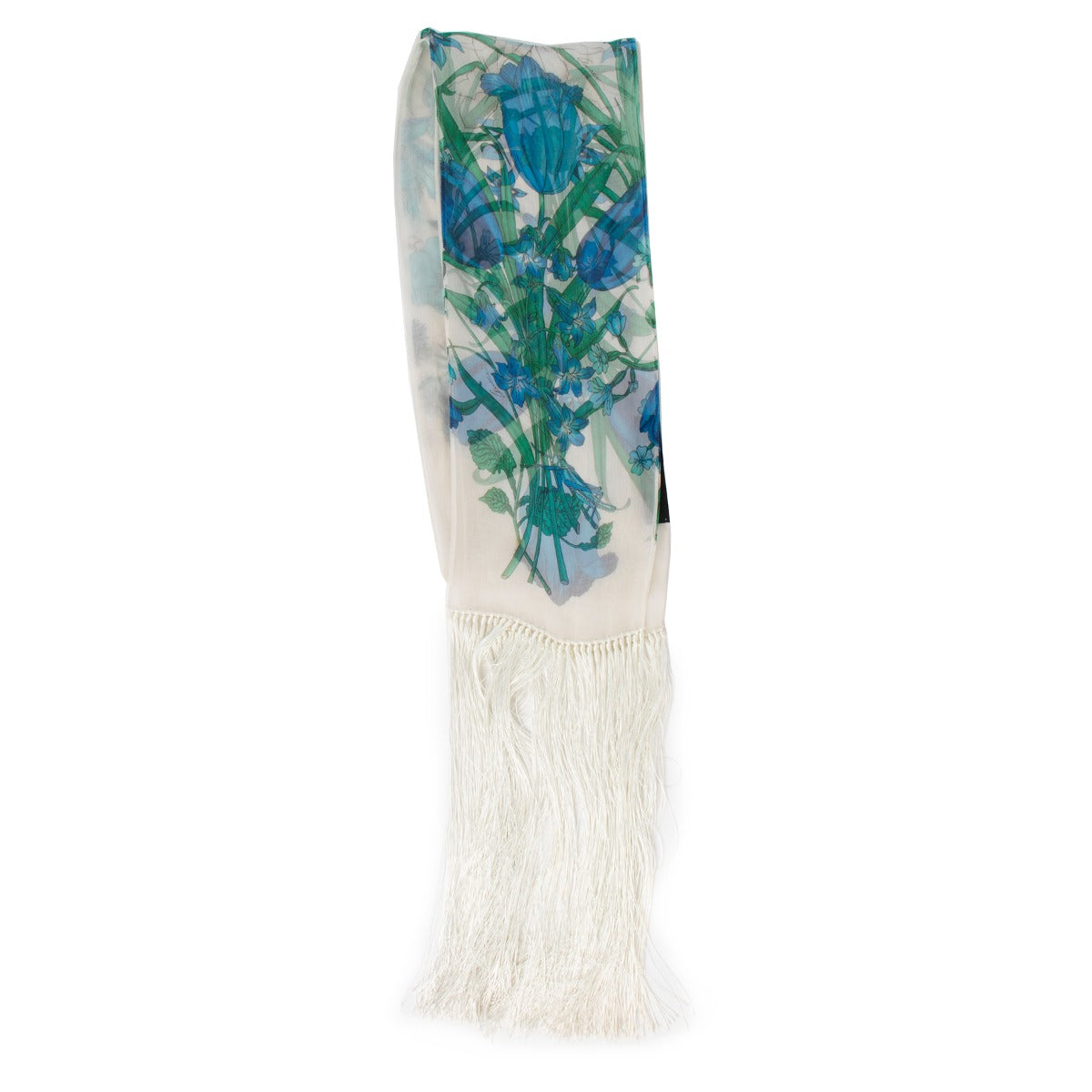 Gucci White Floral Silk Chiffon Fringed Scarf