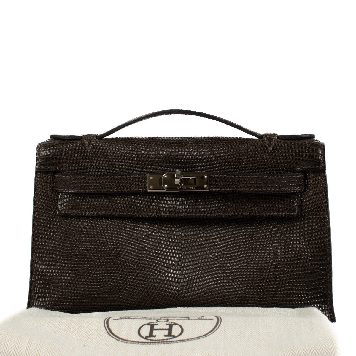 Authentic second hand vintage Hermès Kelly Mini Pochette Cocoan Matte Lizard Ruthenium Hardware on www.labellov.com