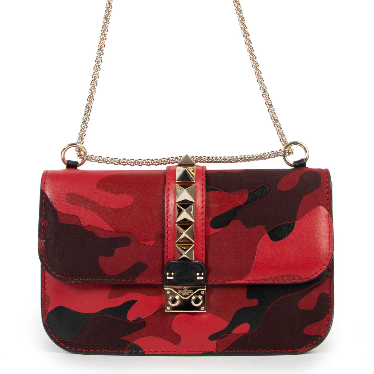 Valentino Garavani Red Camo Medium Glam Lock Rockstud Bag for the best price at Labellov secondhand luxury in Antwerp