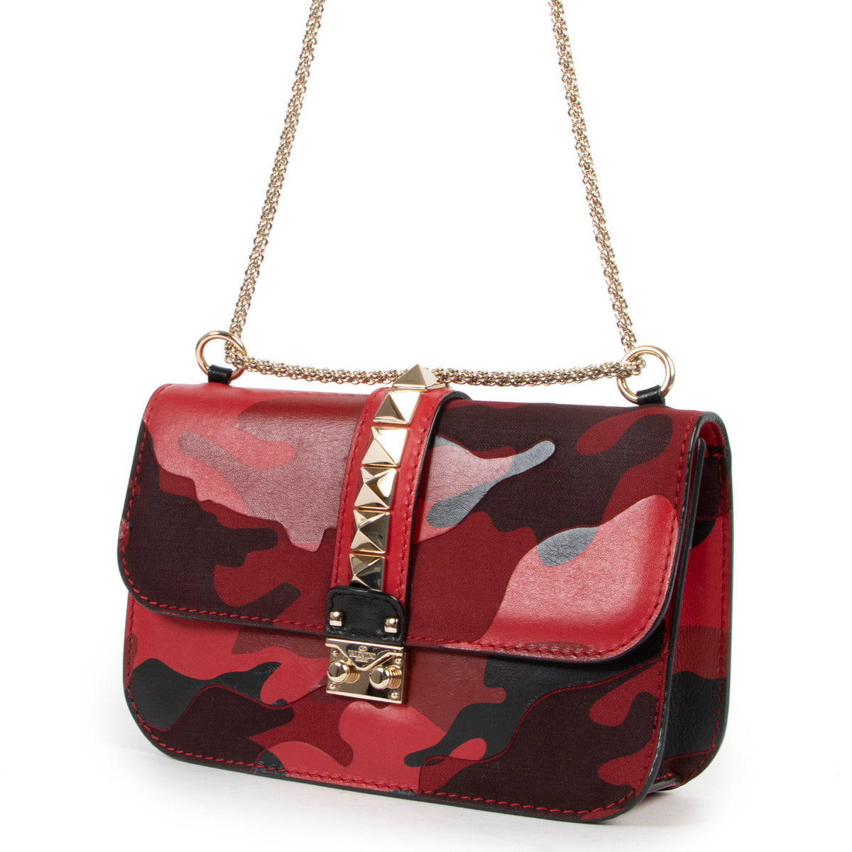 Valentino Garavani Red Camo Medium Glam Lock Rockstud Bag for the best price on sale at Labellov luxury boutique in Antwerp