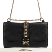 Authentic secondhand Valentino Garavani Black Soft Grain Leather Rockstud Glam Lock Medium Flap Bag designer bags fashion luxury vintage webshop safe secure online shopping